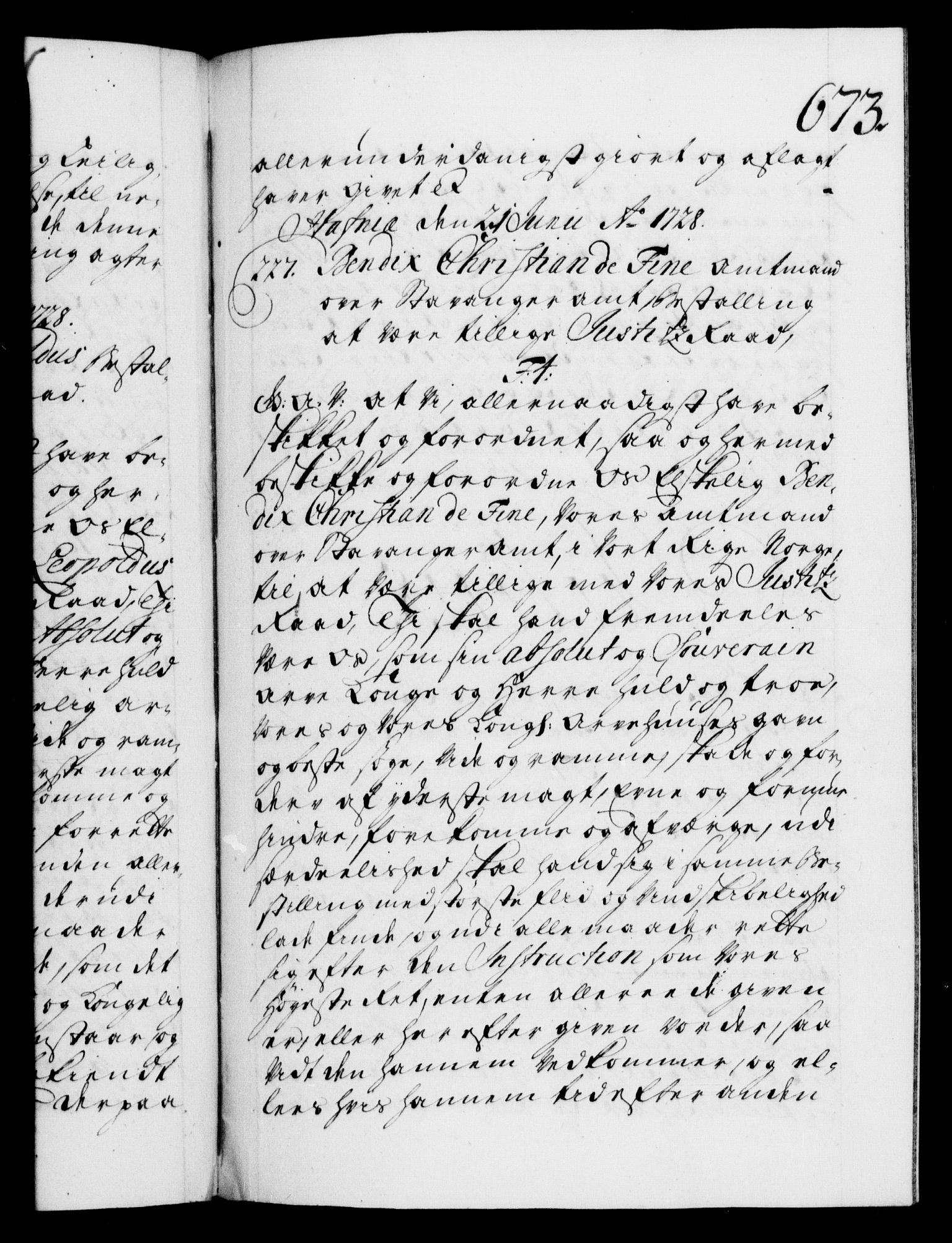 Danske Kanselli 1572-1799, AV/RA-EA-3023/F/Fc/Fca/Fcaa/L0025: Norske registre, 1726-1728, p. 673a