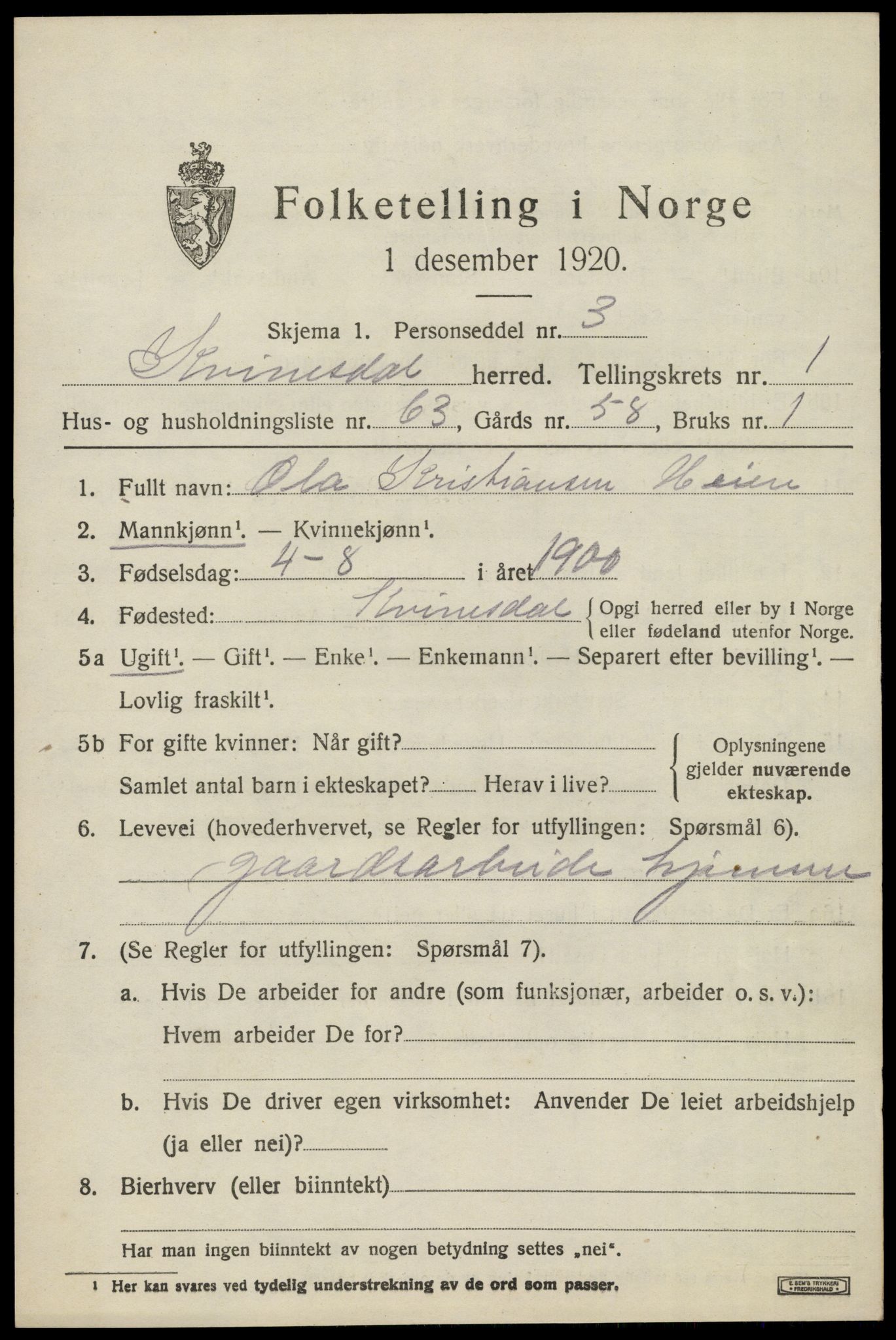 SAK, 1920 census for Kvinesdal, 1920, p. 1833