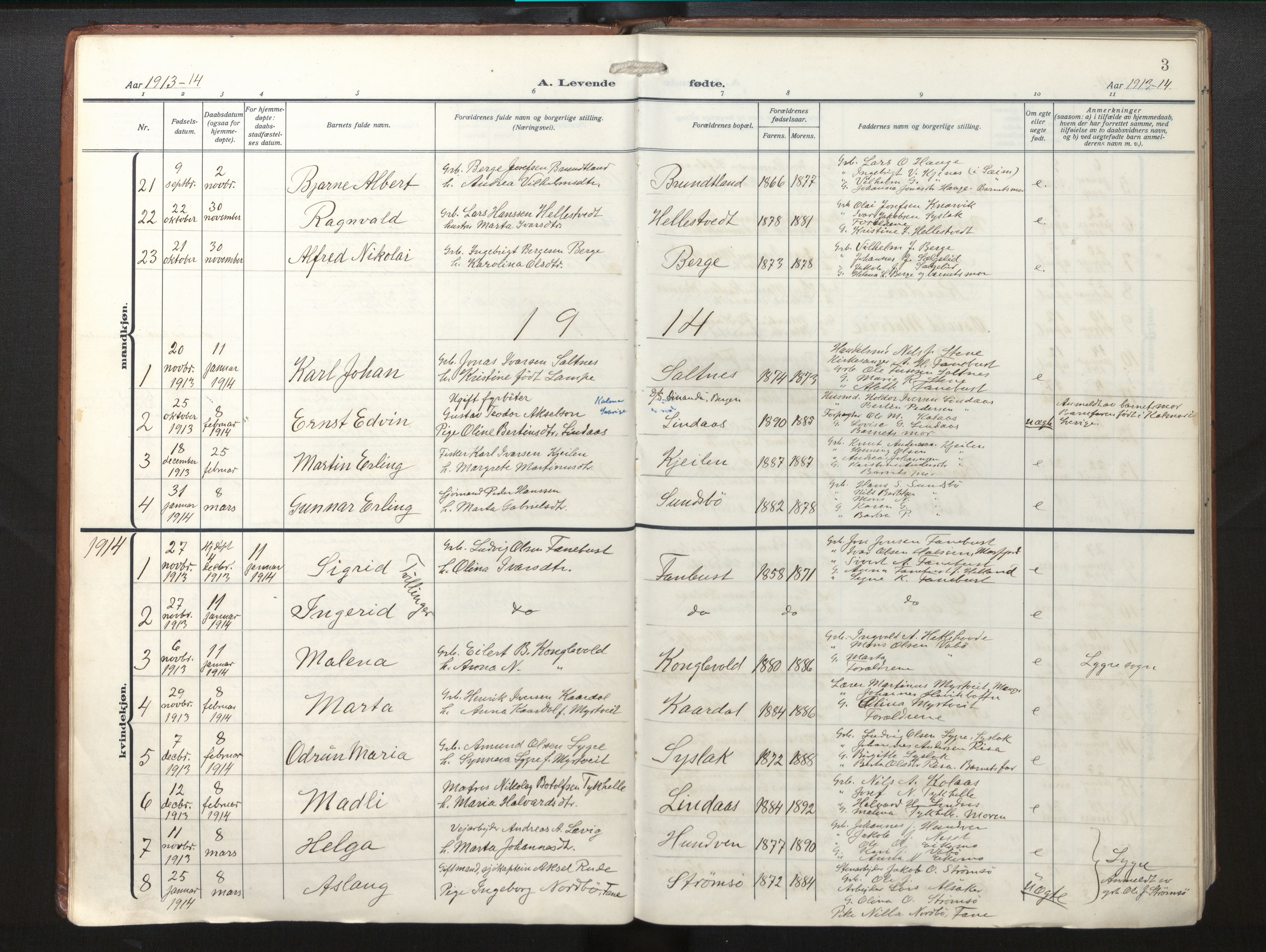 Lindås Sokneprestembete, SAB/A-76701/H/Haa/Haab/L0003: Parish register (official) no. B 3, 1912-1929, p. 3