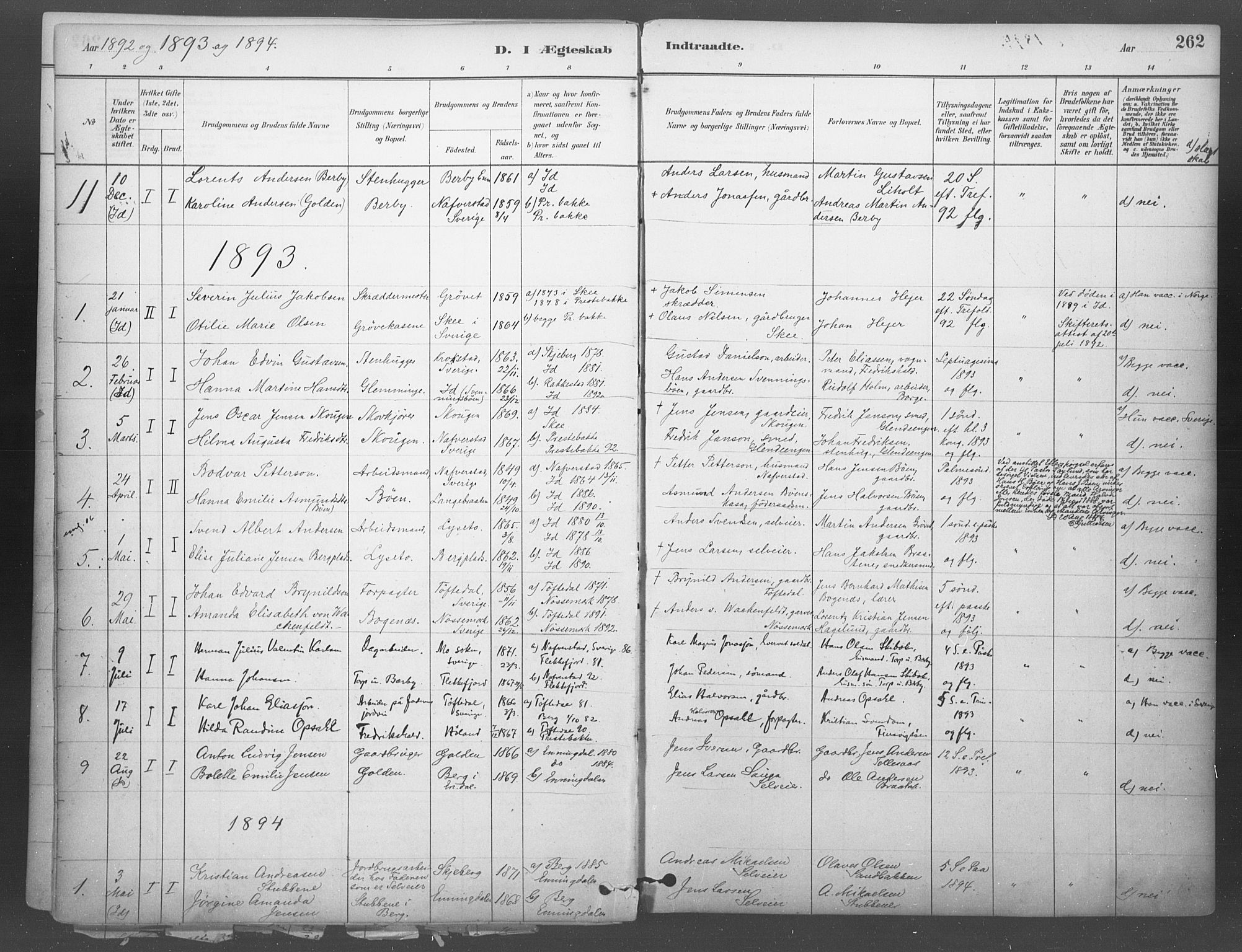 Idd prestekontor Kirkebøker, AV/SAO-A-10911/F/Fb/L0002: Parish register (official) no. II 2, 1882-1923, p. 262