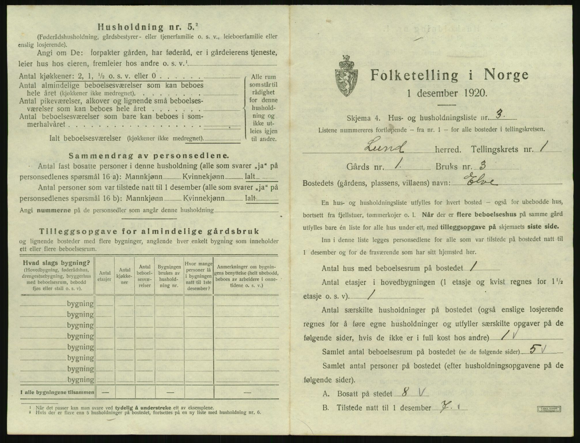 SAST, 1920 census for Lund, 1920, p. 44