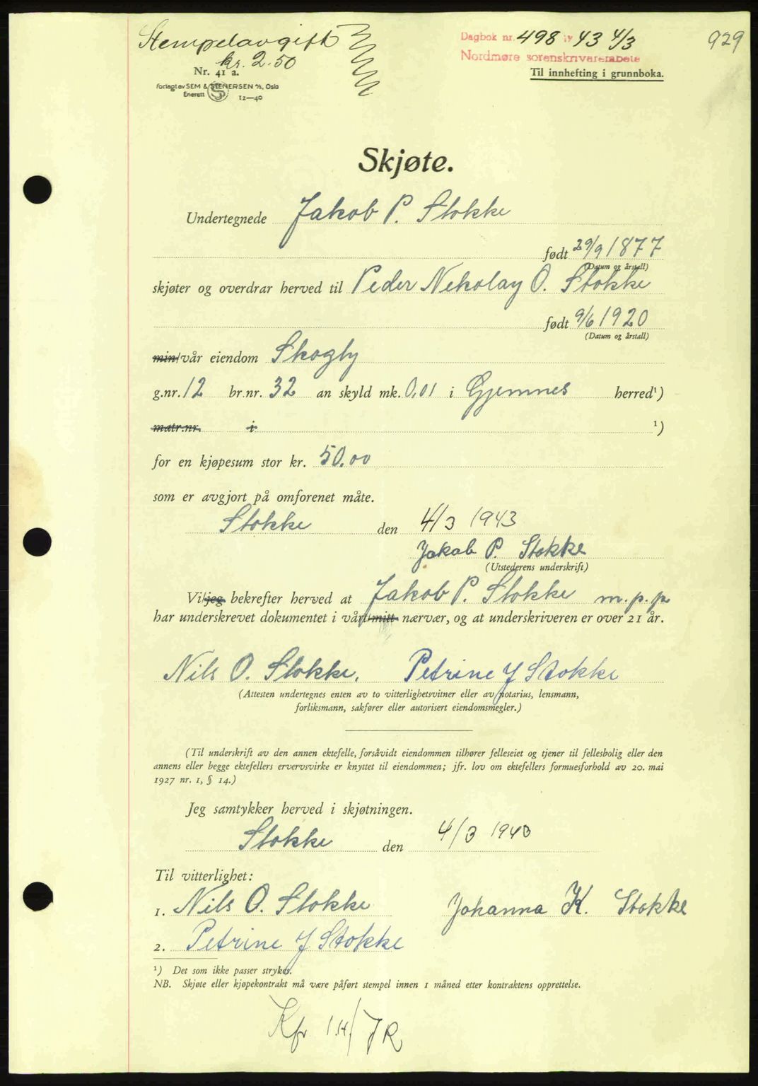 Nordmøre sorenskriveri, AV/SAT-A-4132/1/2/2Ca: Mortgage book no. A94, 1942-1943, Diary no: : 498/1943