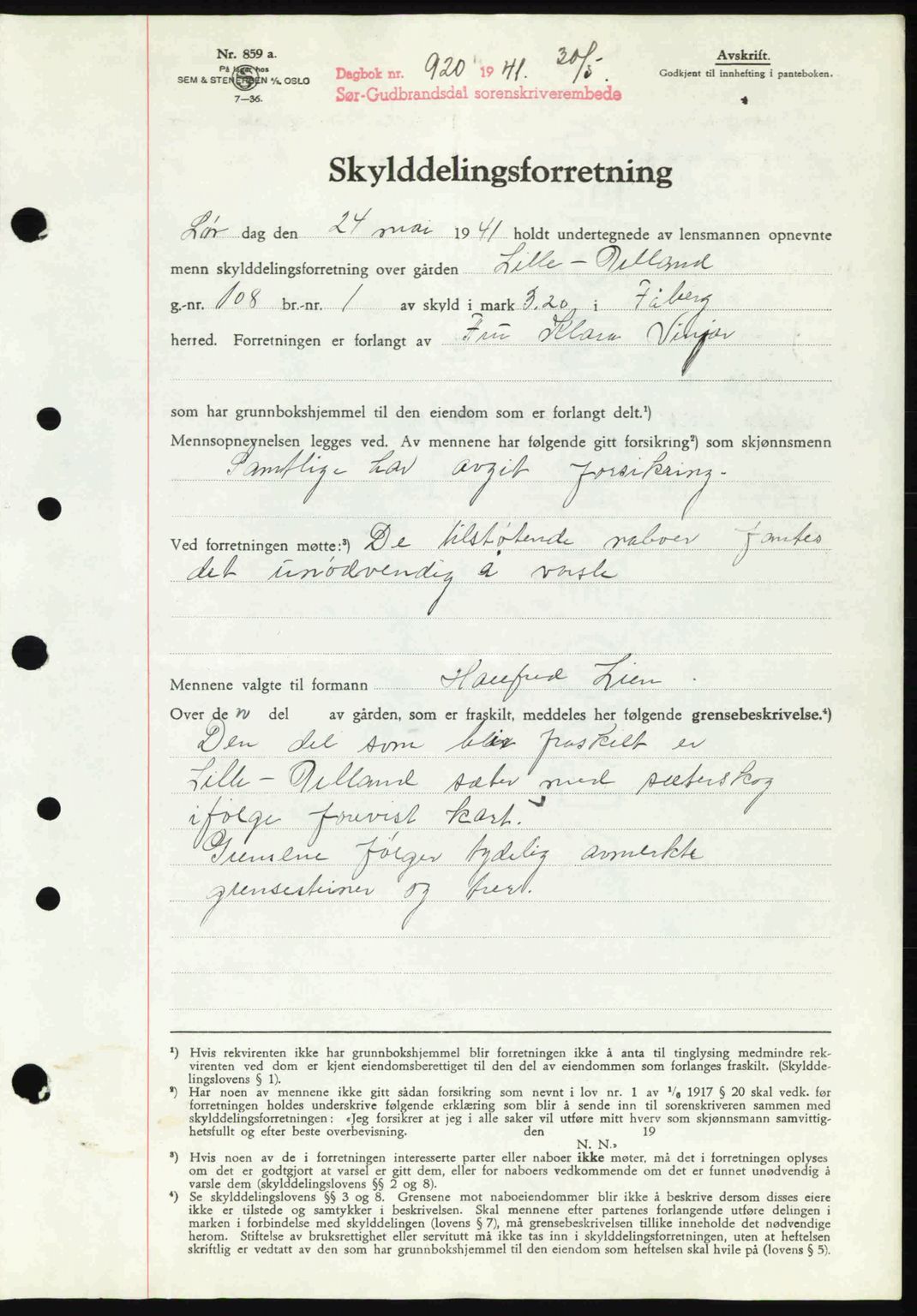 Sør-Gudbrandsdal tingrett, SAH/TING-004/H/Hb/Hbd/L0009: Mortgage book no. A9, 1941-1941, Diary no: : 920/1941