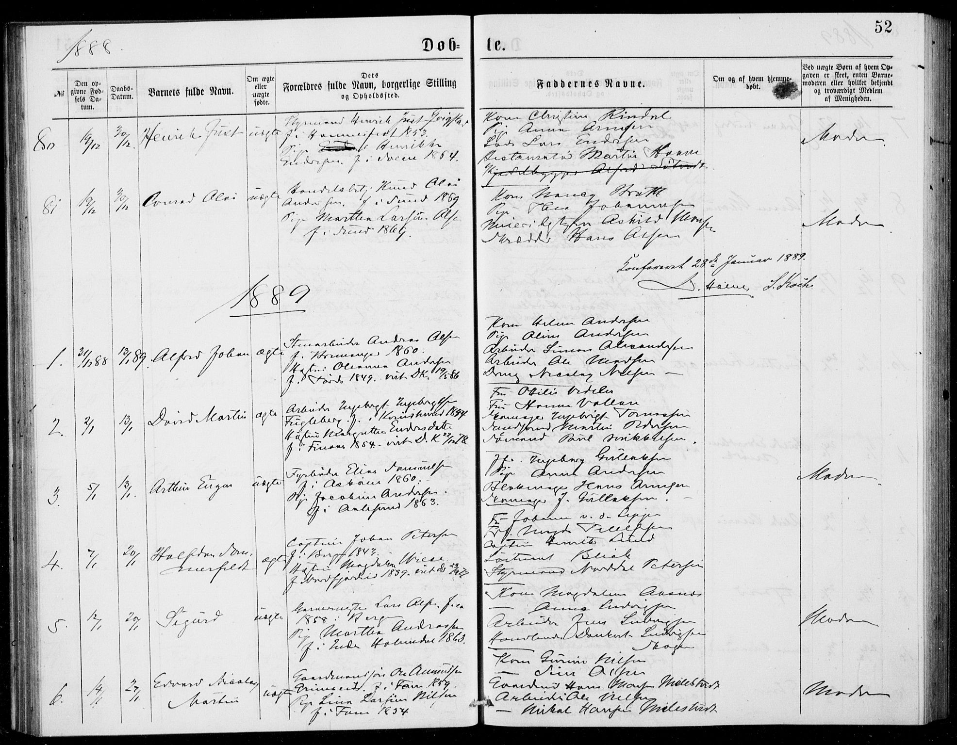 Fødselsstiftelsens sokneprestembete, ført av overlegen*, SAB/-: Parish register (official) no. A 2, 1884-1900, p. 52