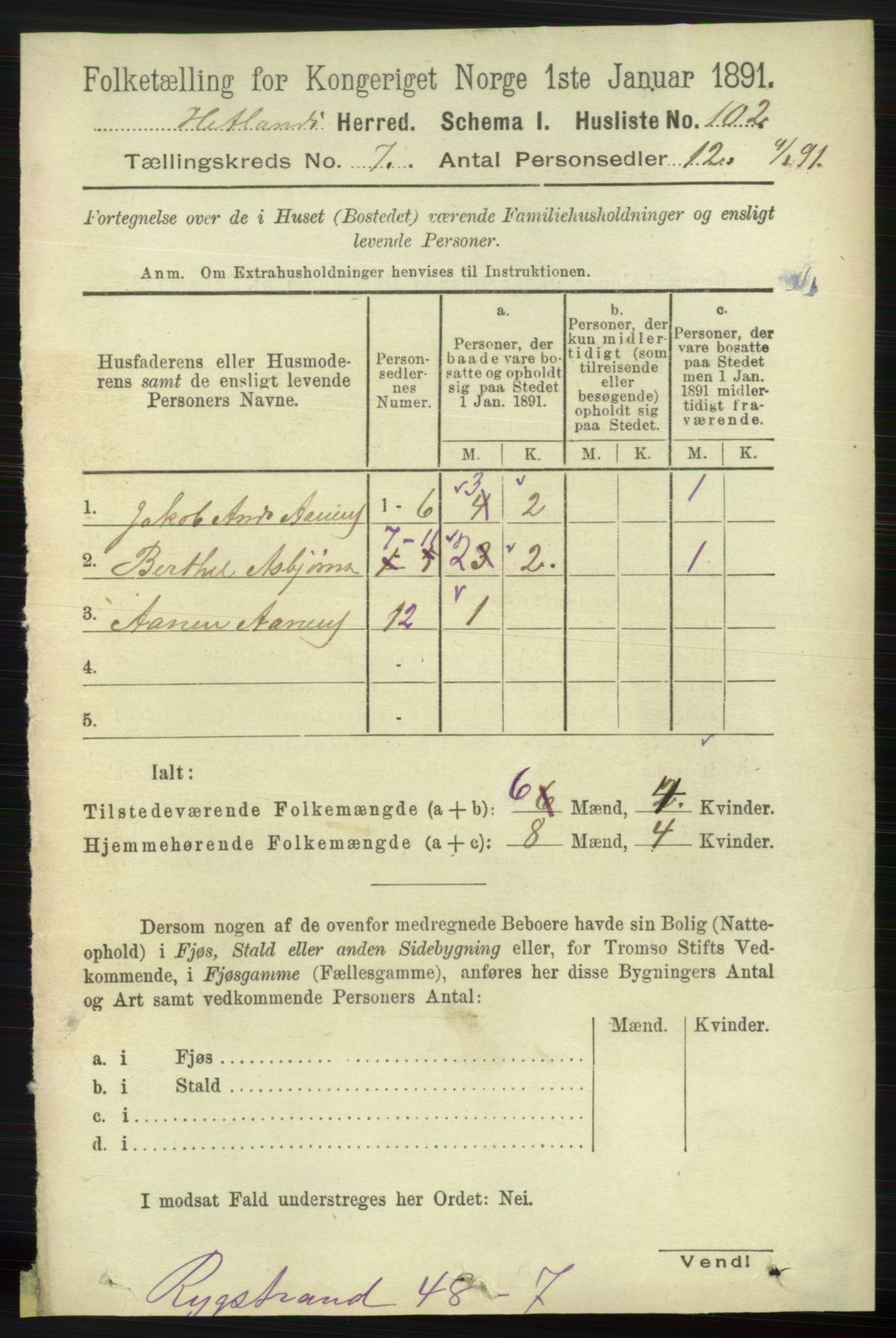 RA, 1891 census for 1126 Hetland, 1891, p. 3773