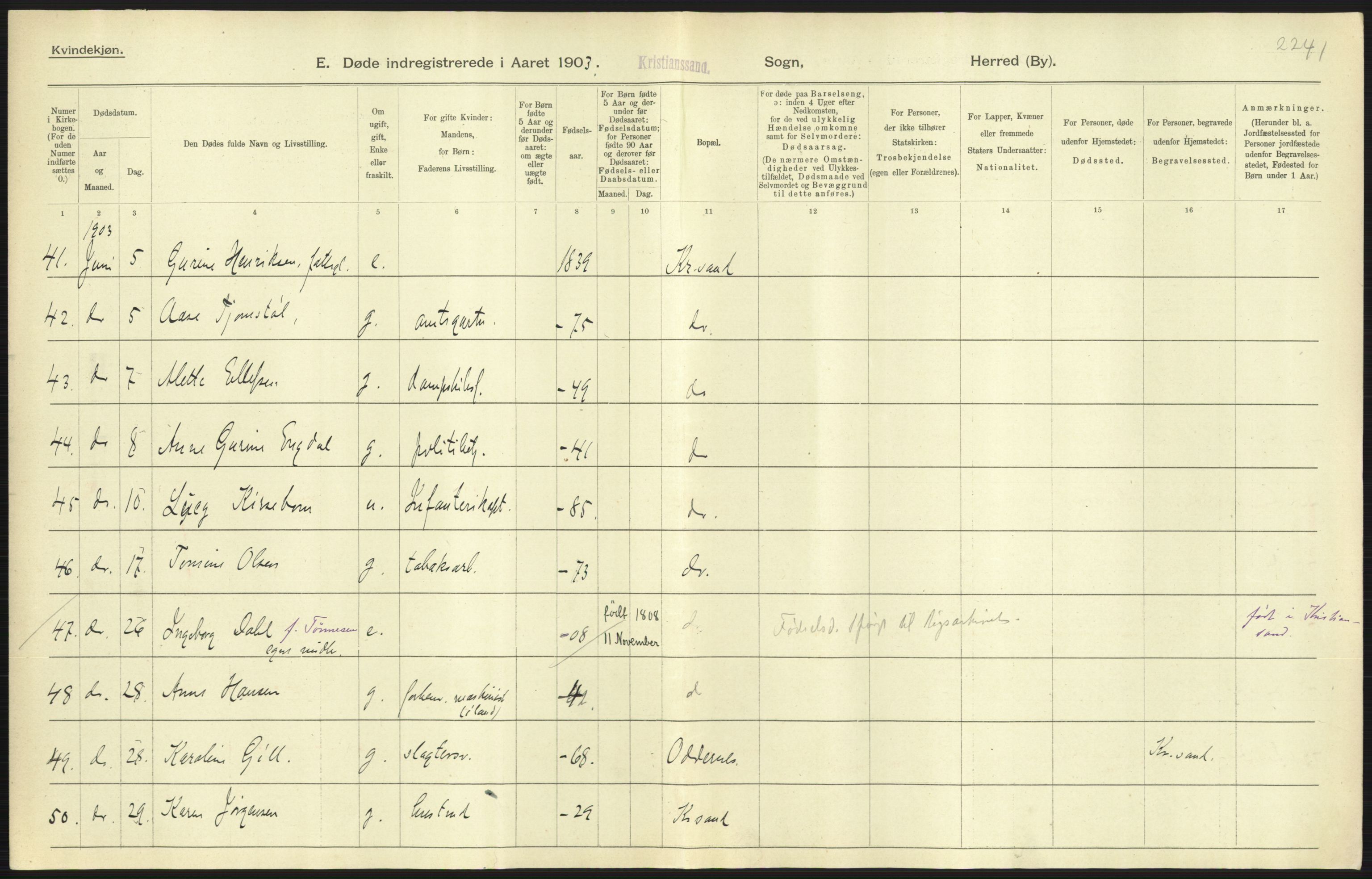 Statistisk sentralbyrå, Sosiodemografiske emner, Befolkning, AV/RA-S-2228/D/Df/Dfa/Dfaa/L0011: Lister og Mandal amt: Fødte, gifte, døde, 1903, p. 543