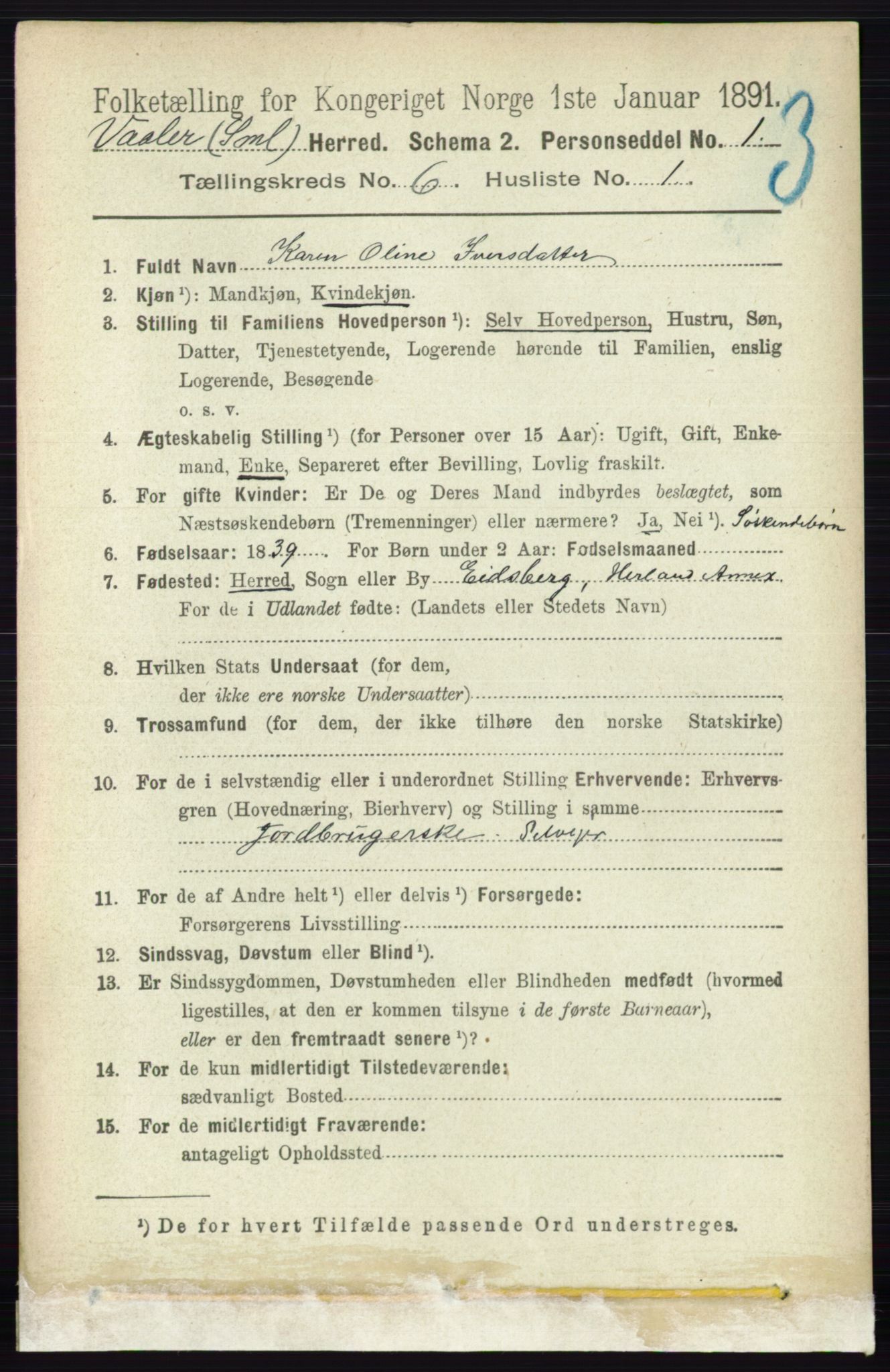 RA, 1891 census for 0137 Våler, 1891, p. 2335