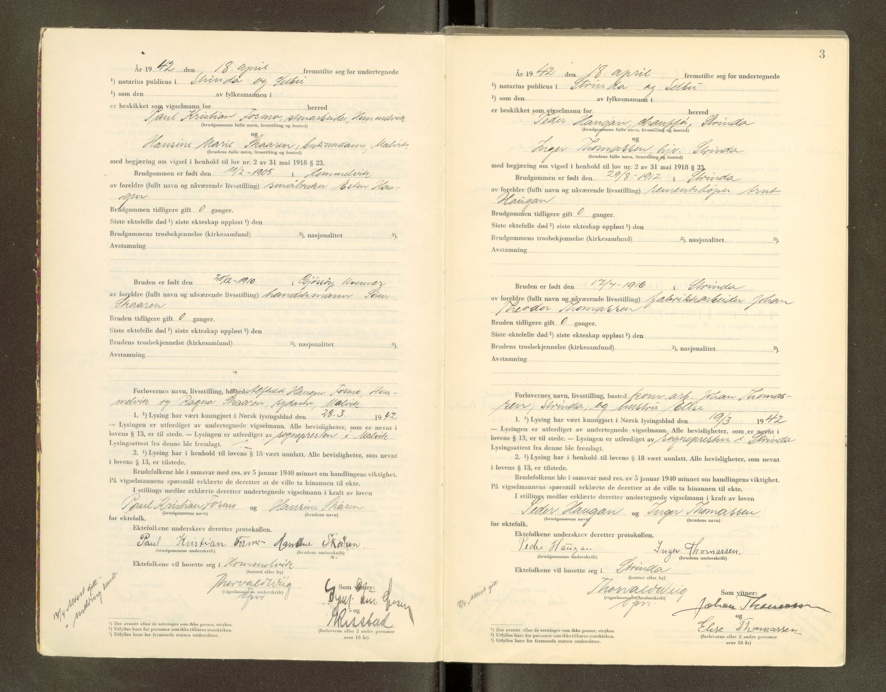 Strinda og Selbu sorenskriveri, AV/SAT-A-0015/6/6D/L0004: Vigselsbok, 1942, p. 3