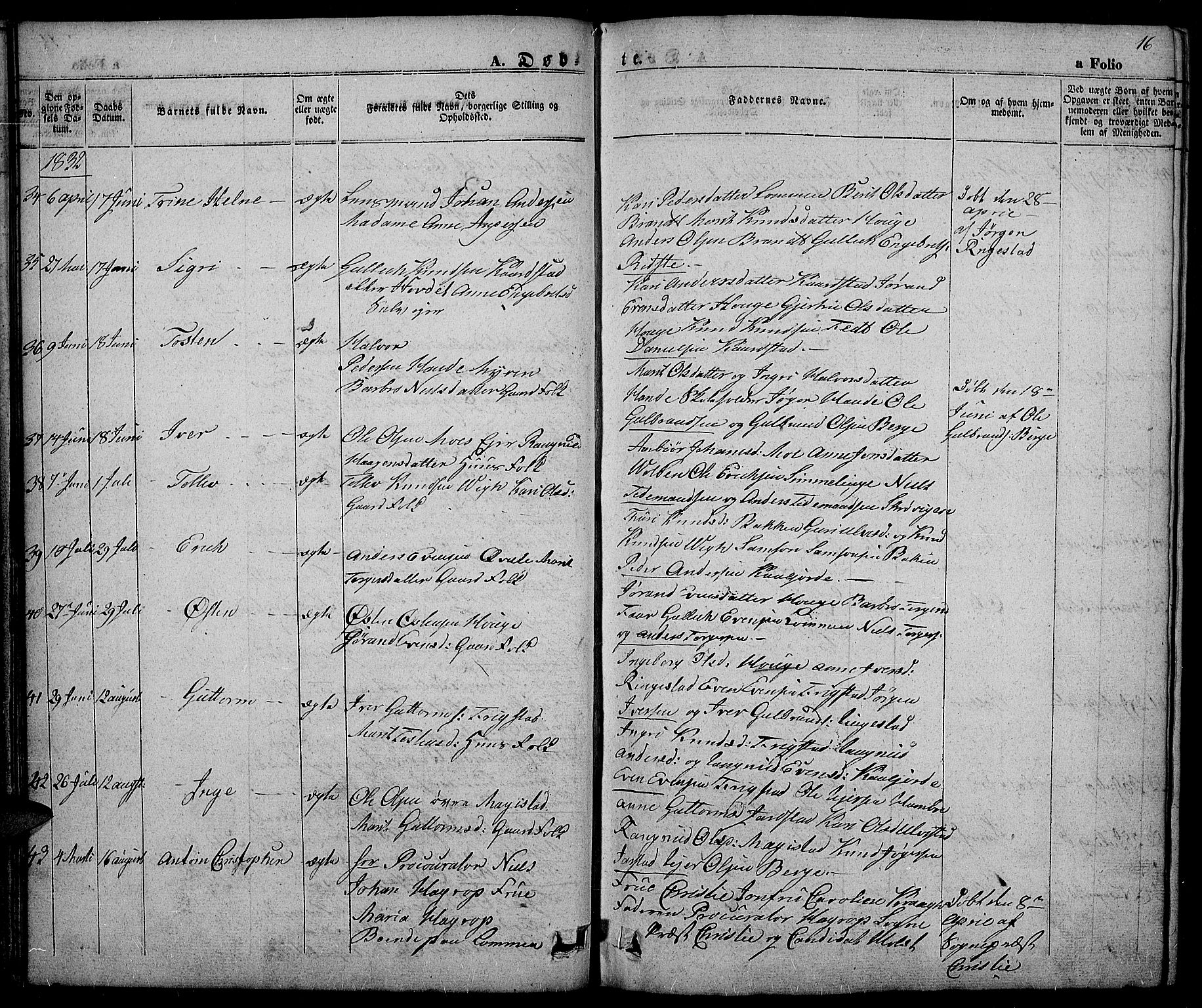 Slidre prestekontor, SAH/PREST-134/H/Ha/Haa/L0003: Parish register (official) no. 3, 1831-1843, p. 16