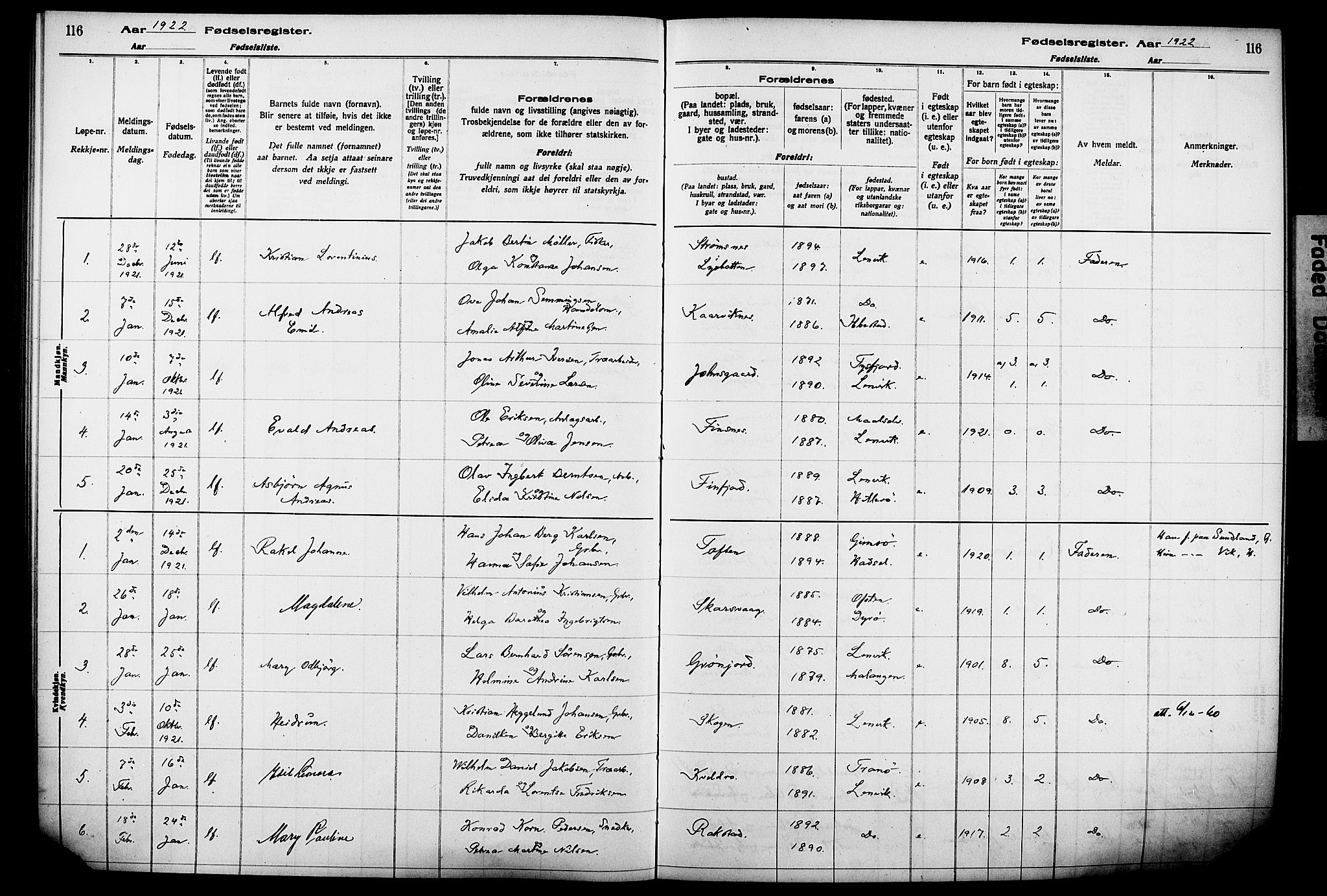 Lenvik sokneprestembete, SATØ/S-1310/I/Ic/L0089: Birth register no. 89, 1916-1926, p. 116