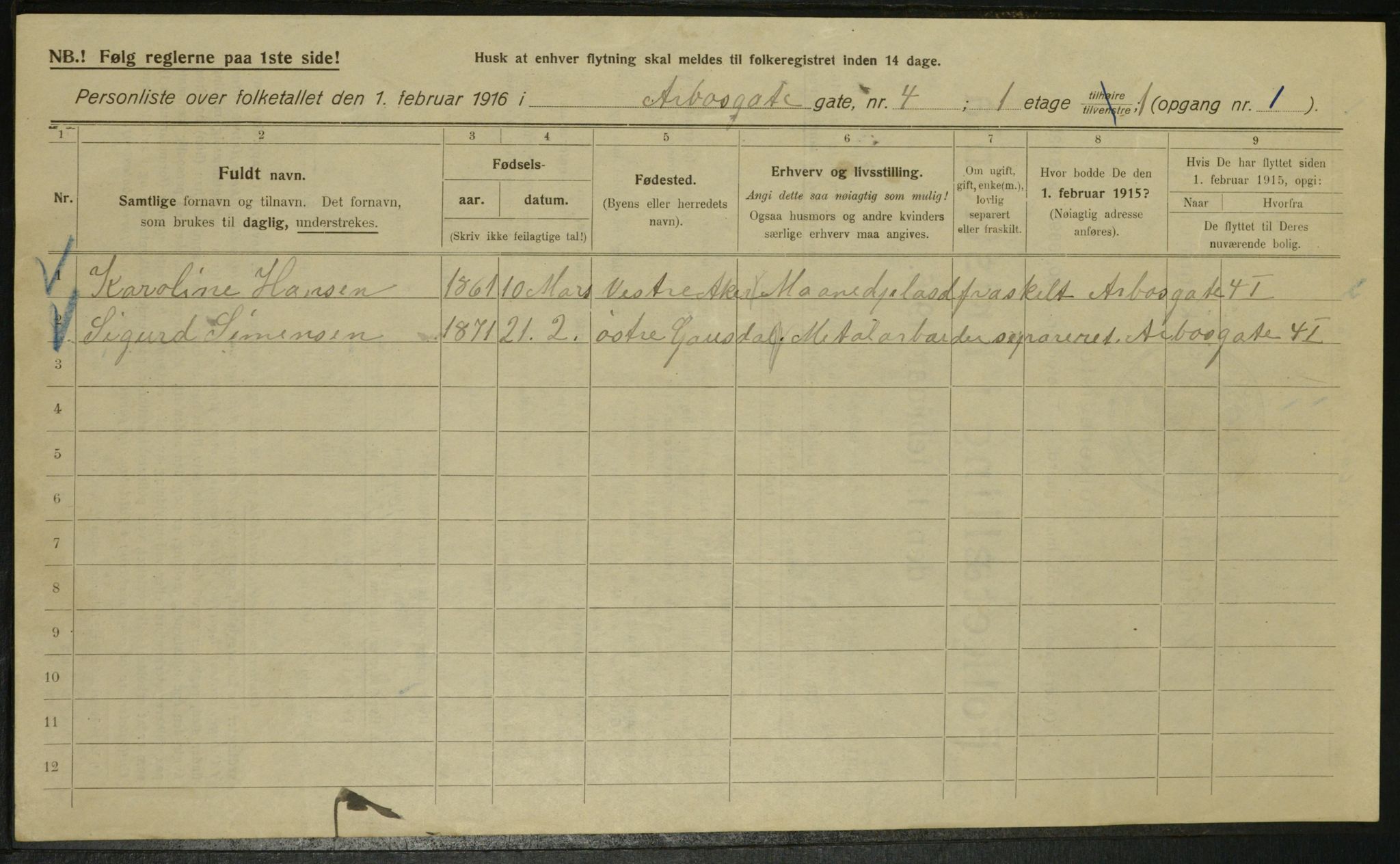 OBA, Municipal Census 1916 for Kristiania, 1916, p. 1934