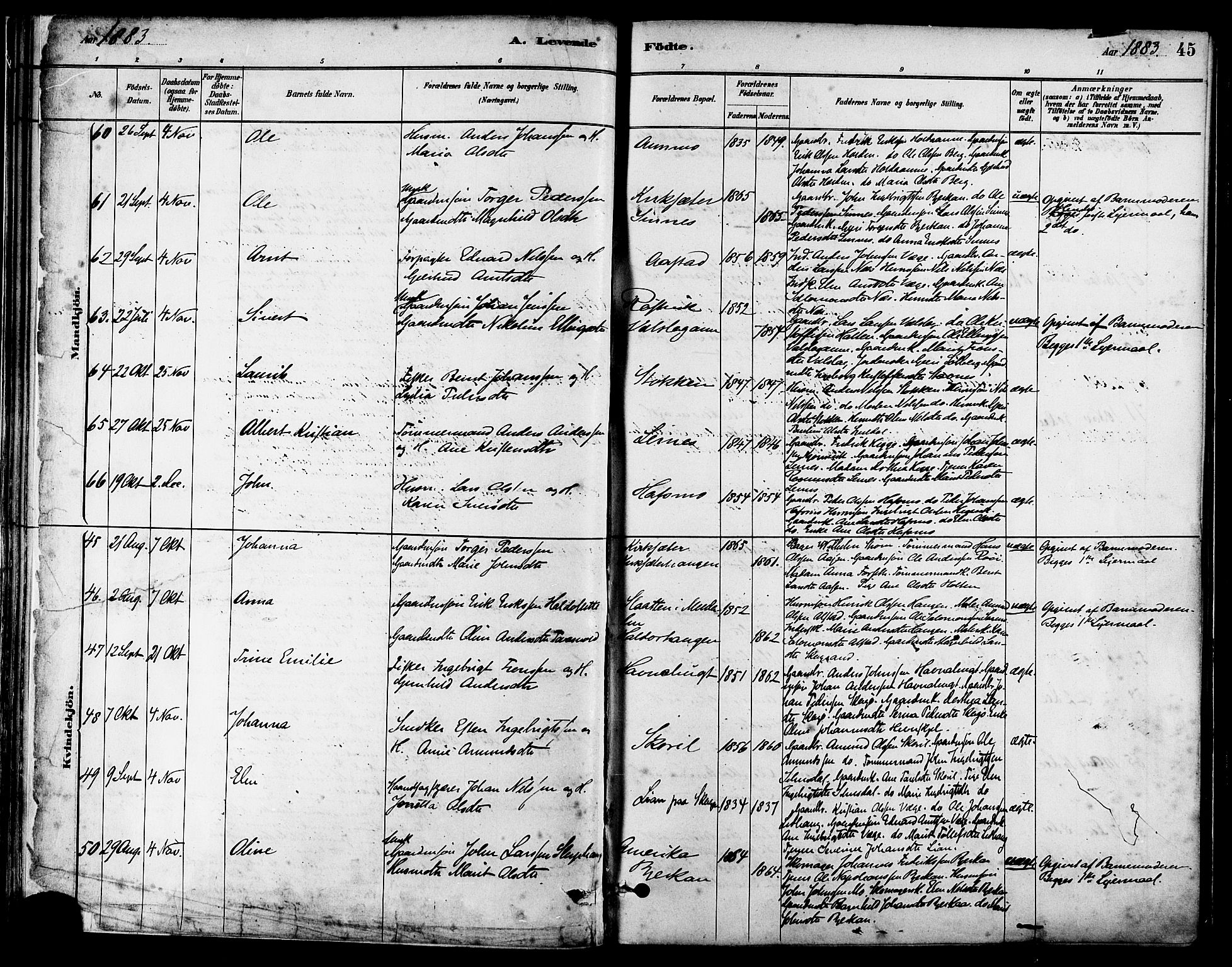 Ministerialprotokoller, klokkerbøker og fødselsregistre - Sør-Trøndelag, SAT/A-1456/630/L0496: Parish register (official) no. 630A09, 1879-1895, p. 45