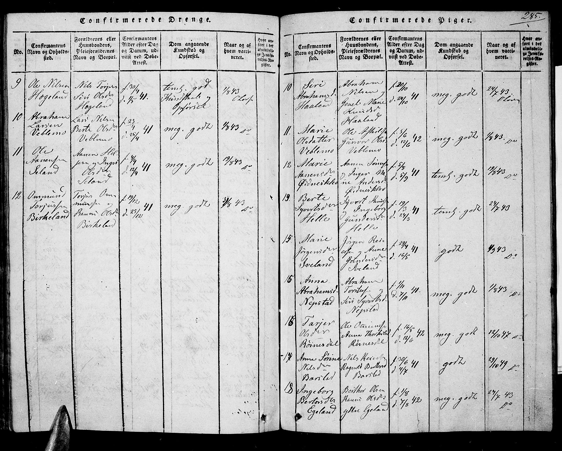 Nord-Audnedal sokneprestkontor, AV/SAK-1111-0032/F/Fa/Faa/L0001: Parish register (official) no. A 1, 1815-1856, p. 285