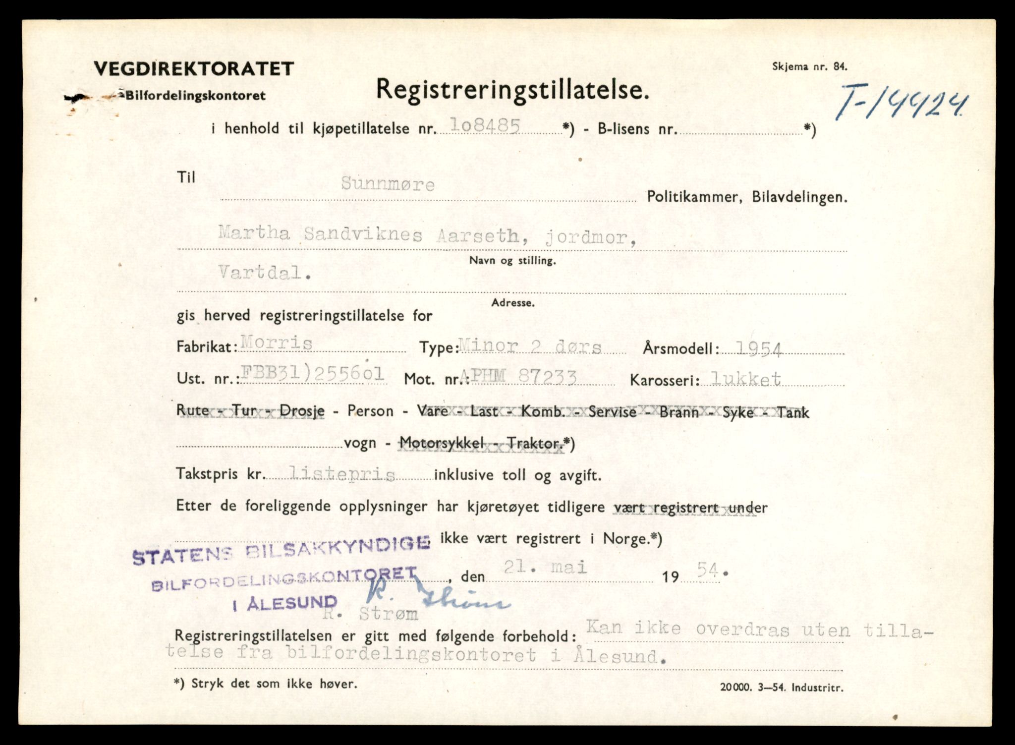 Møre og Romsdal vegkontor - Ålesund trafikkstasjon, AV/SAT-A-4099/F/Fe/L0045: Registreringskort for kjøretøy T 14320 - T 14444, 1927-1998, p. 2675
