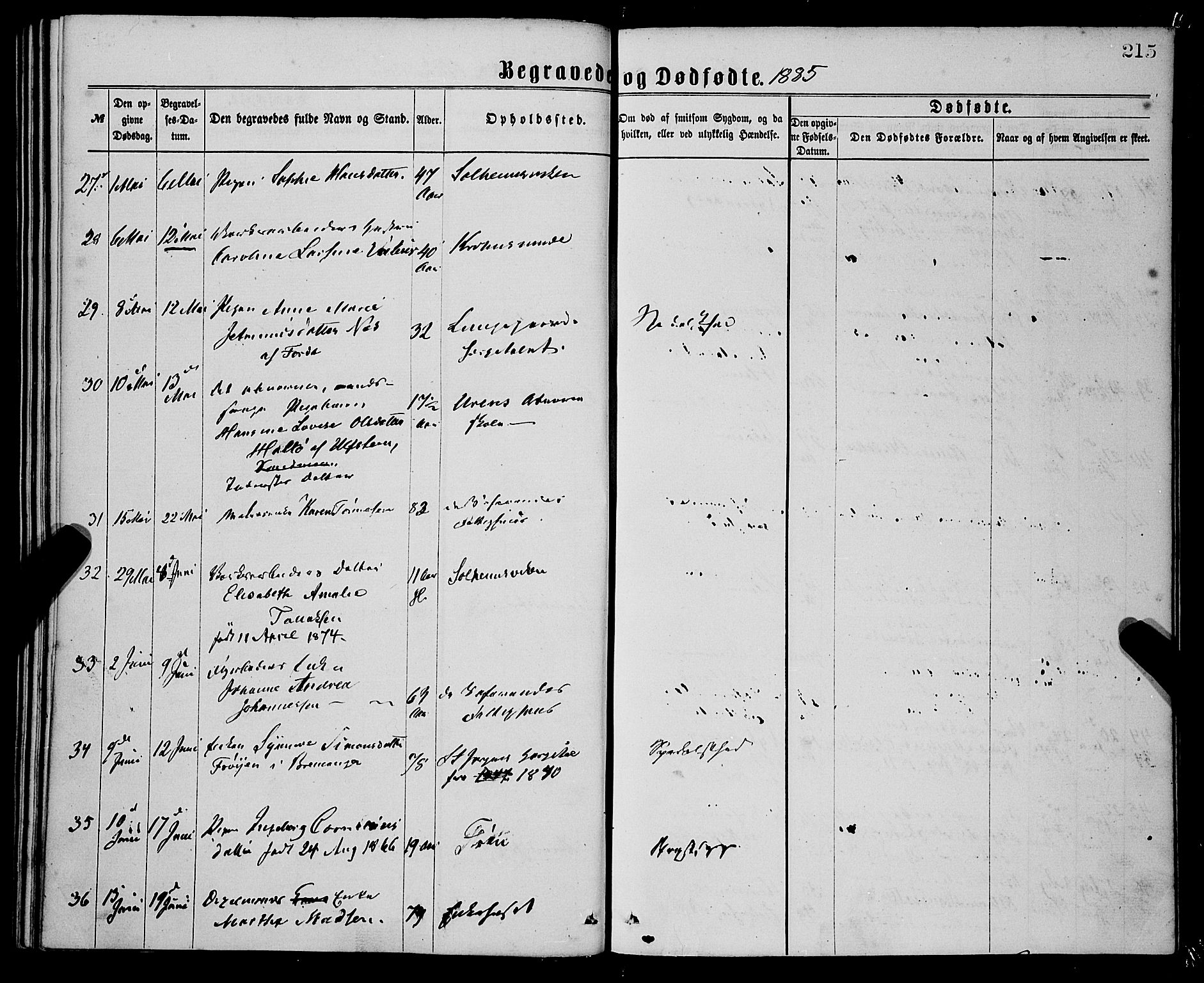 St. Jørgens hospital og Årstad sokneprestembete, AV/SAB-A-99934: Parish register (official) no. A 11, 1864-1886, p. 215