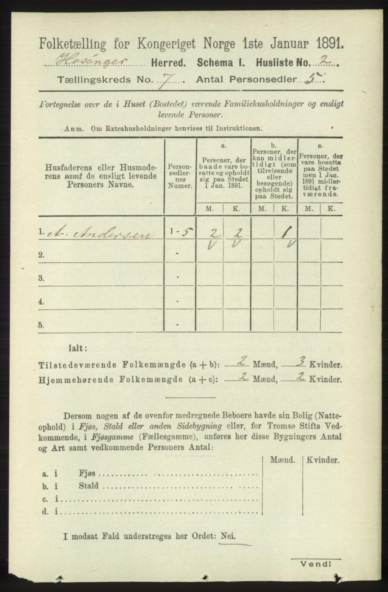 RA, 1891 census for 1253 Hosanger, 1891, p. 2435