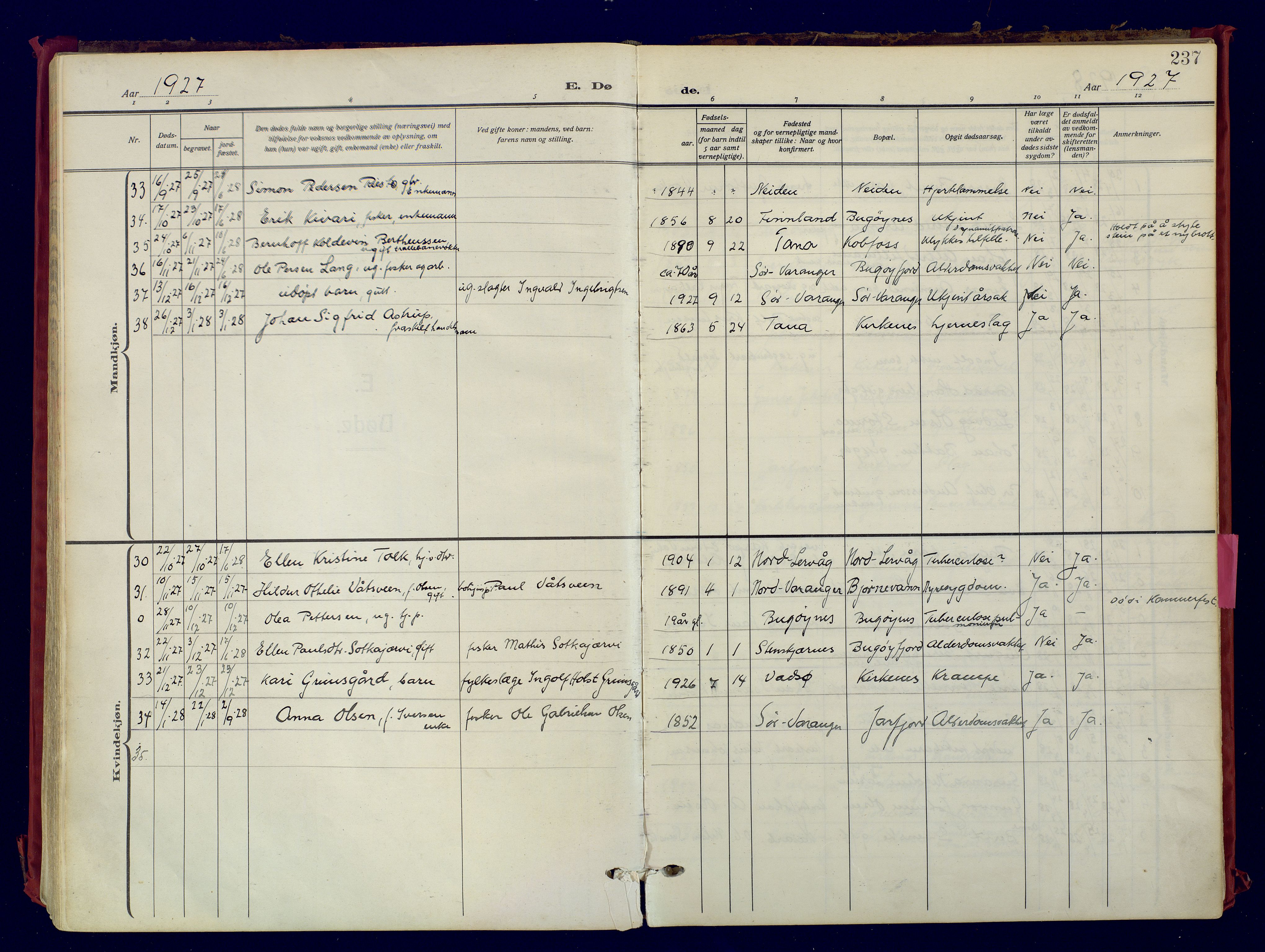 Sør-Varanger sokneprestkontor, AV/SATØ-S-1331/H/Ha/L0007kirke: Parish register (official) no. 7, 1927-1937, p. 237