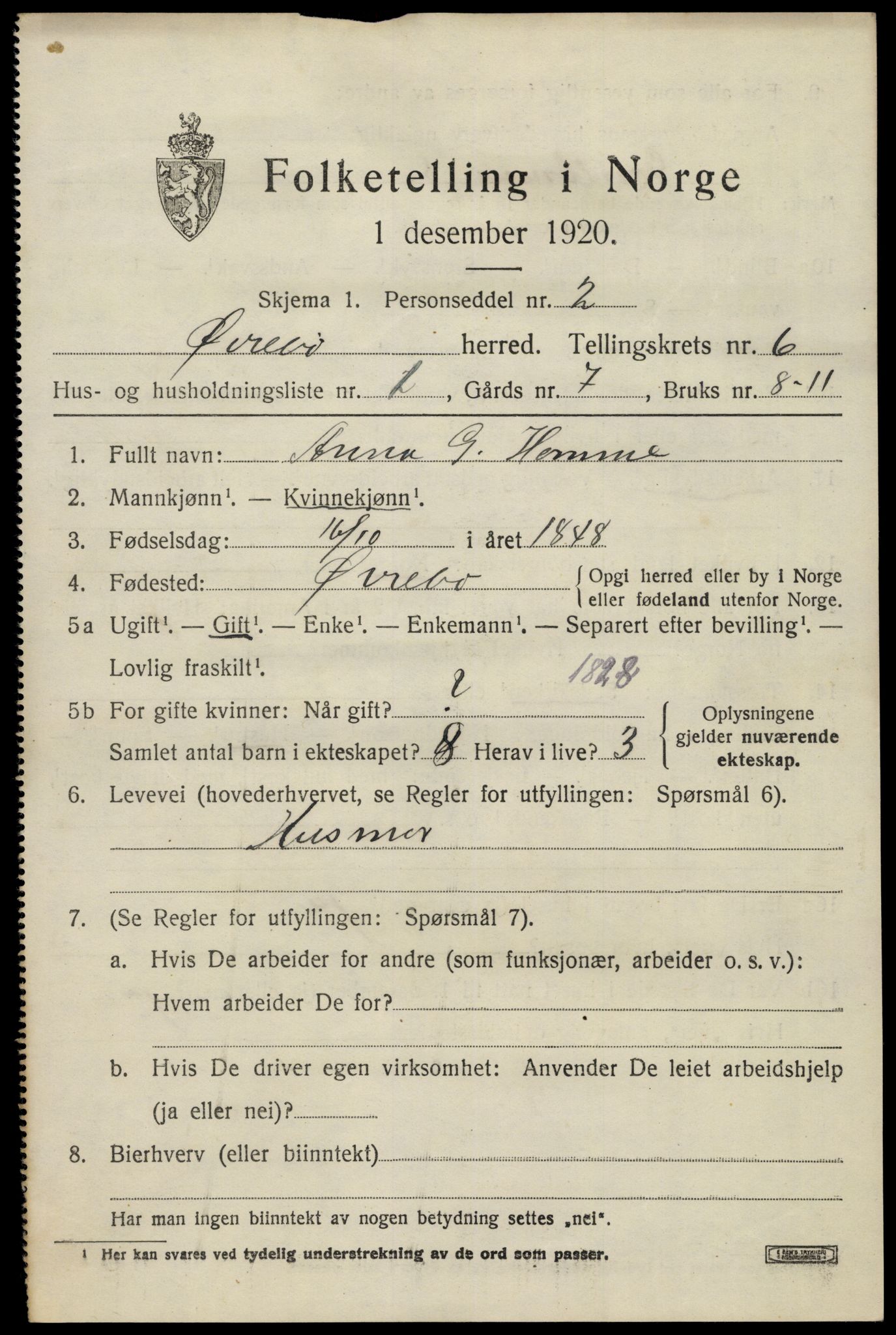 SAK, 1920 census for Øvrebø, 1920, p. 1134