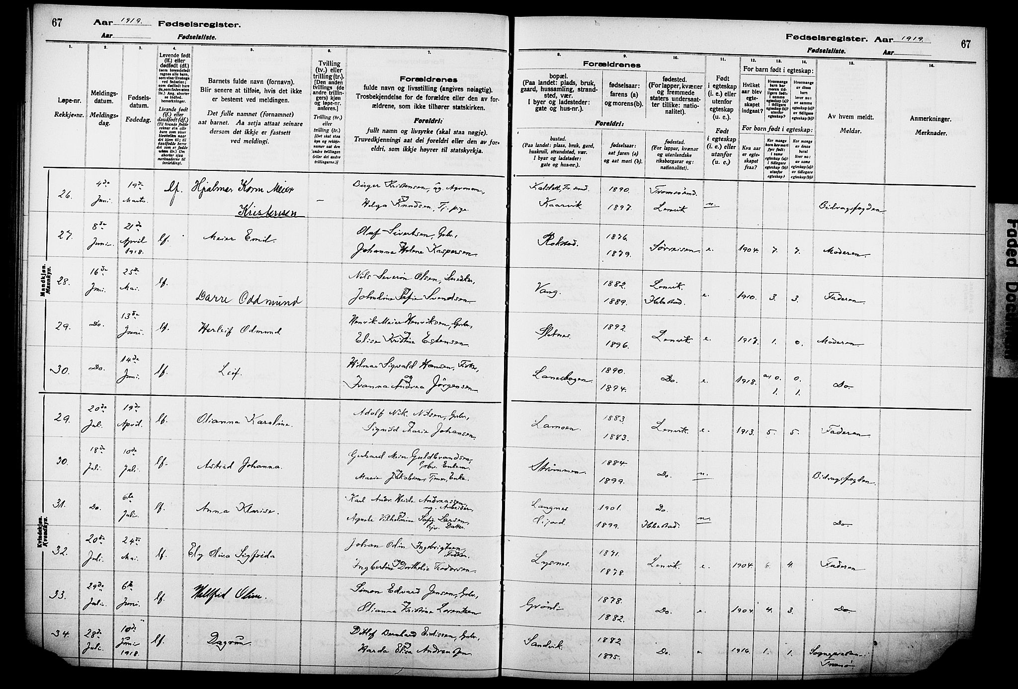 Lenvik sokneprestembete, AV/SATØ-S-1310/I/Ic/L0089: Birth register no. 89, 1916-1926, p. 67