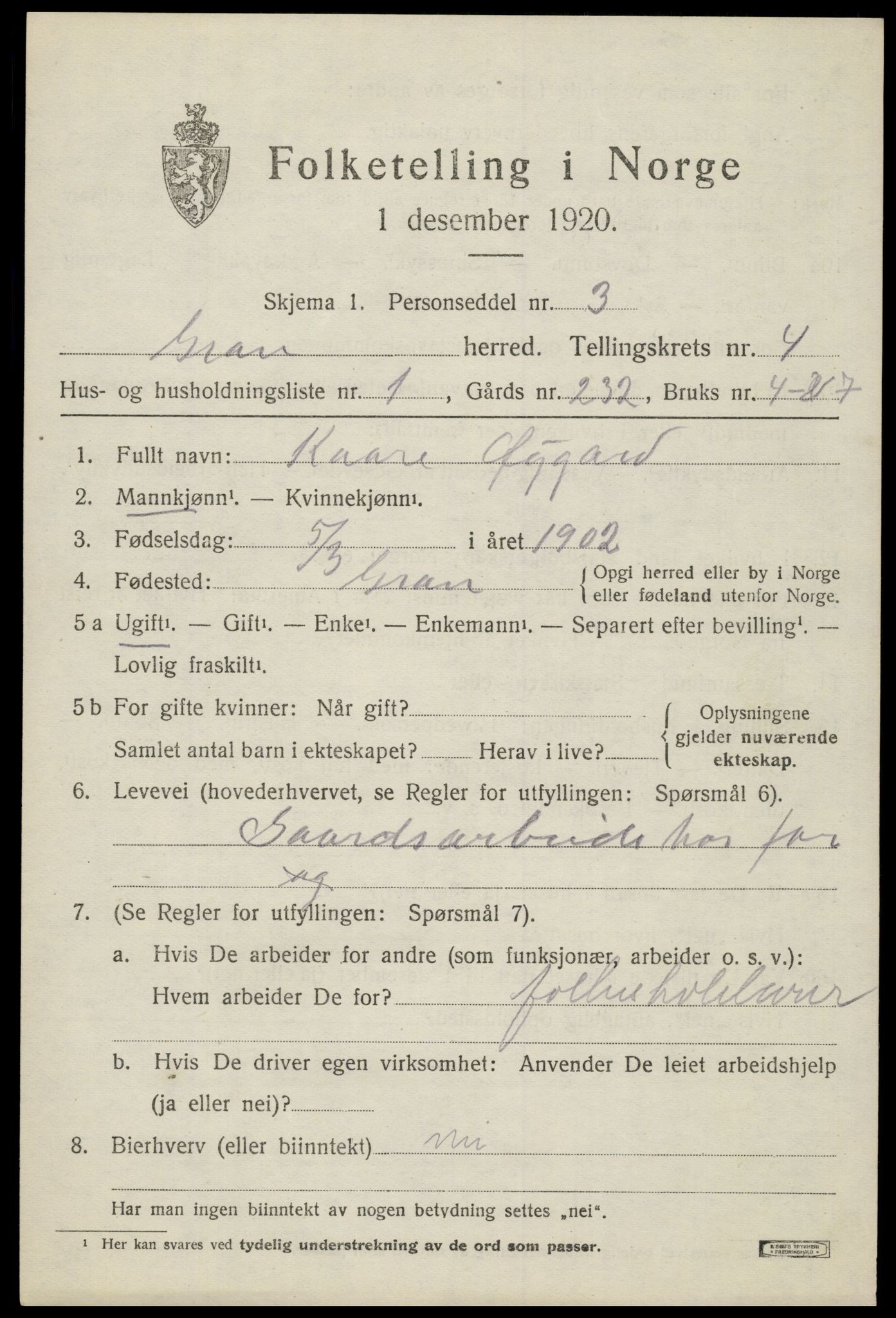 SAH, 1920 census for Gran, 1920, p. 6342