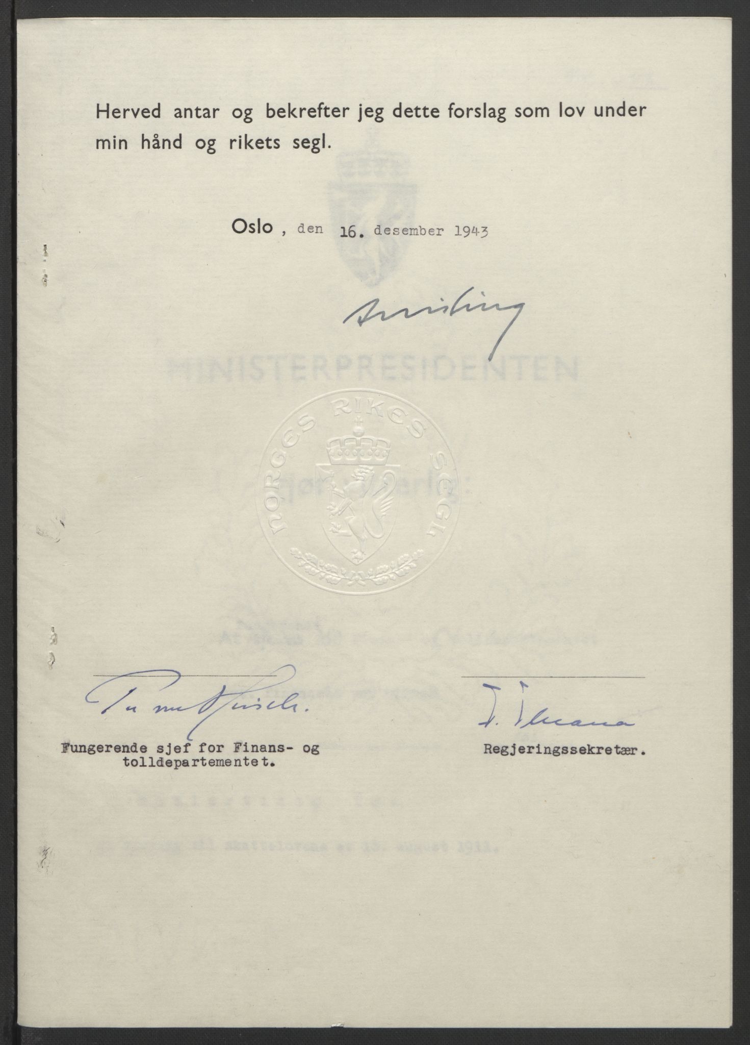 NS-administrasjonen 1940-1945 (Statsrådsekretariatet, de kommisariske statsråder mm), RA/S-4279/D/Db/L0099: Lover, 1943, p. 782