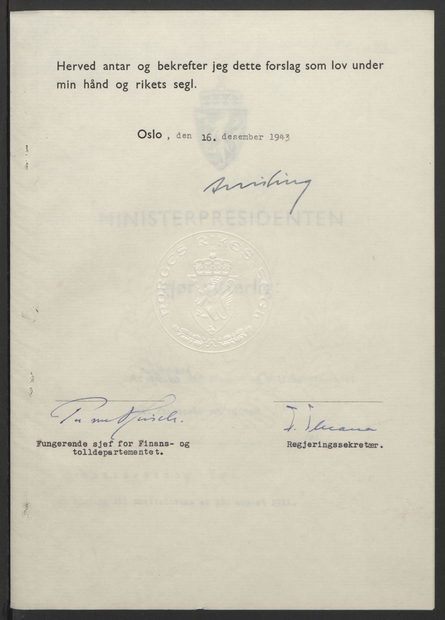 NS-administrasjonen 1940-1945 (Statsrådsekretariatet, de kommisariske statsråder mm), AV/RA-S-4279/D/Db/L0099: Lover, 1943, p. 782