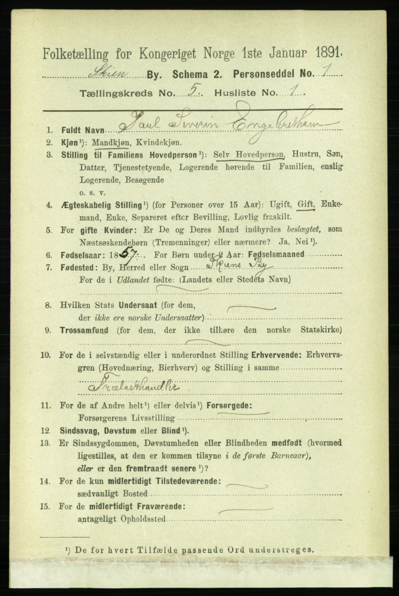 RA, 1891 census for 0806 Skien, 1891, p. 2881