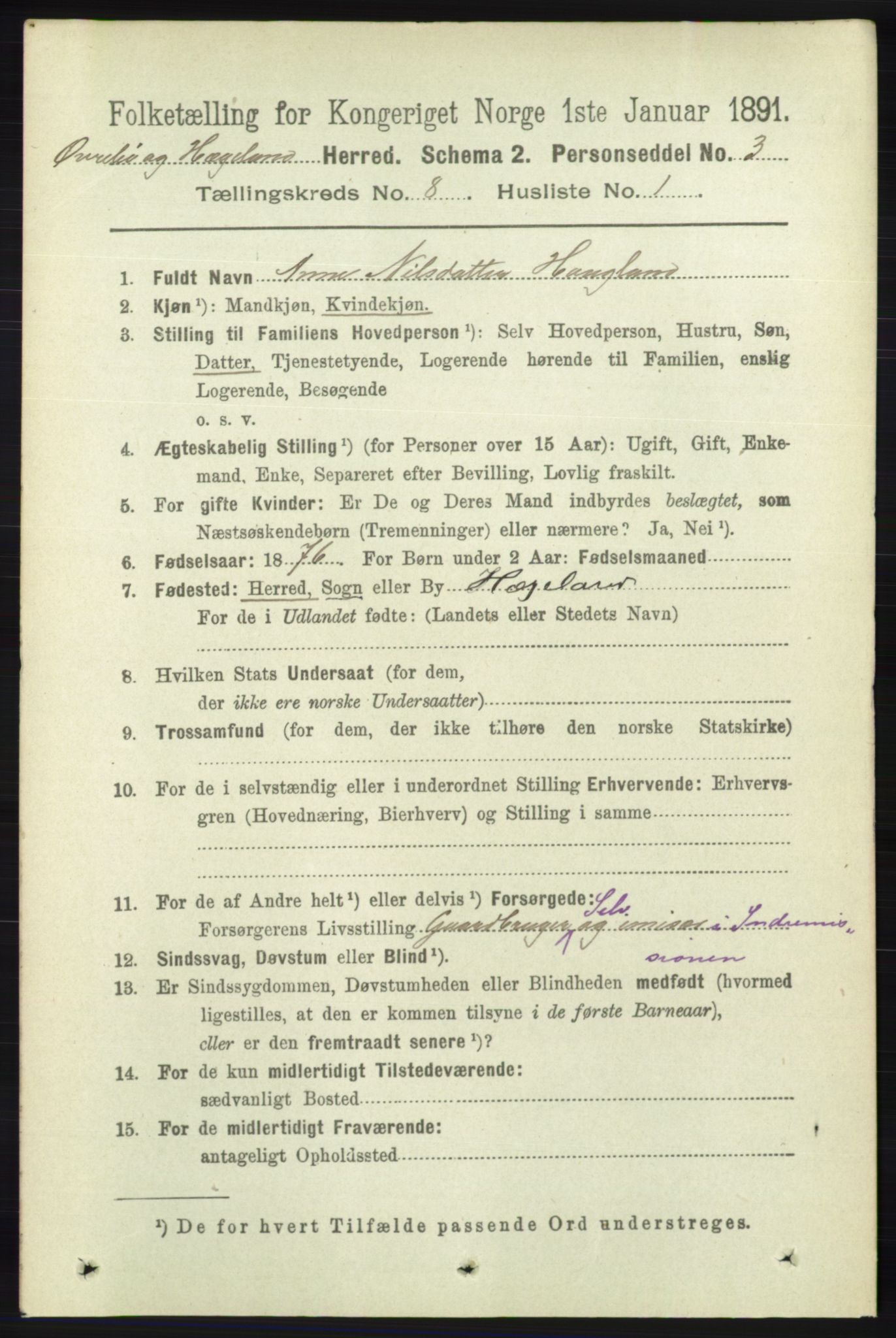 RA, 1891 census for 1016 Øvrebø og Hægeland, 1891, p. 1477