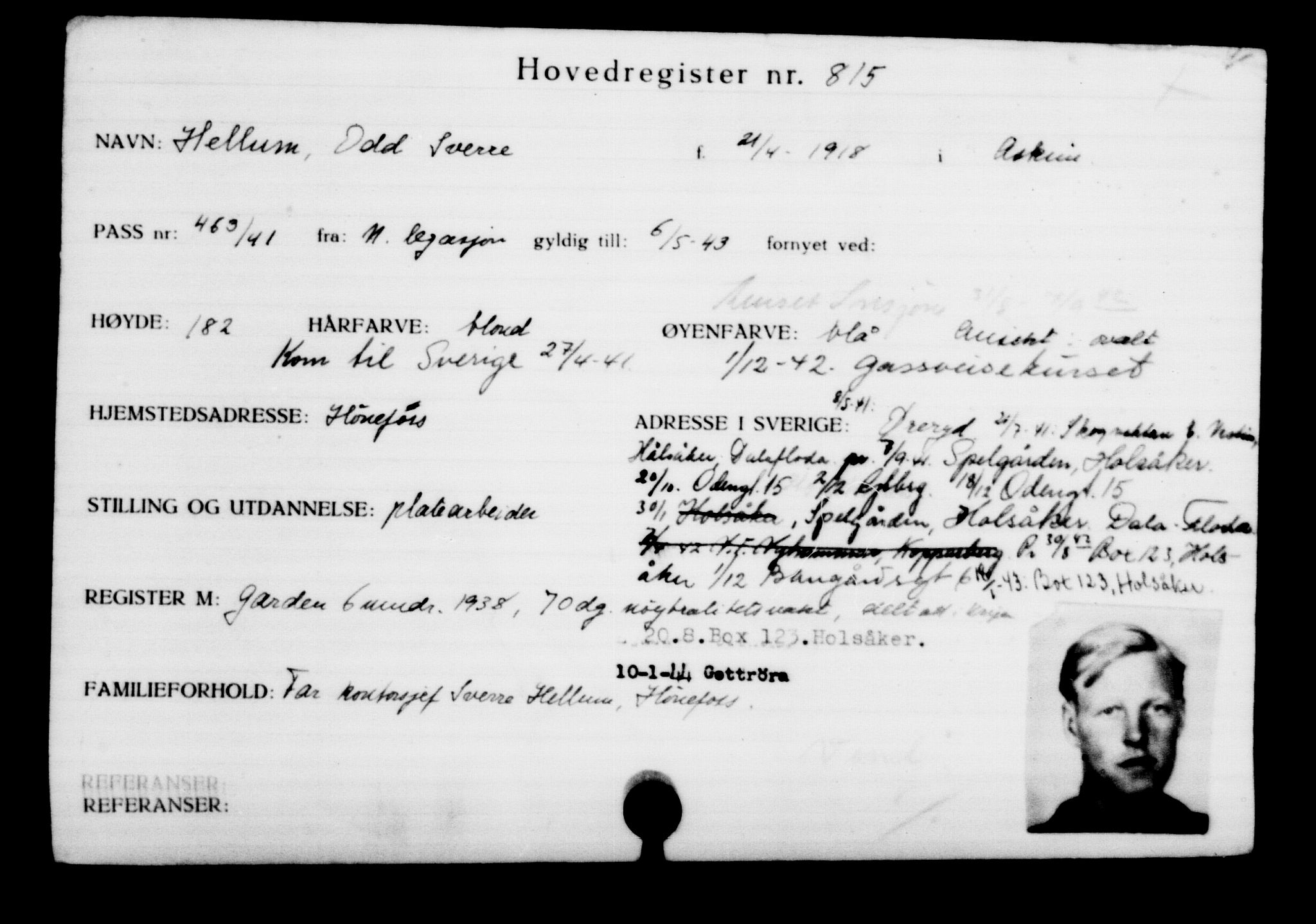 Utenriksstasjonene, Legasjonen i Stockholm, Flyktningkontoret, AV/RA-S-6753/V/Va/L0001: Kjesäterkartoteket, flyktninger med registreringsnr. 1-1000, 1940-1945, p. 1288