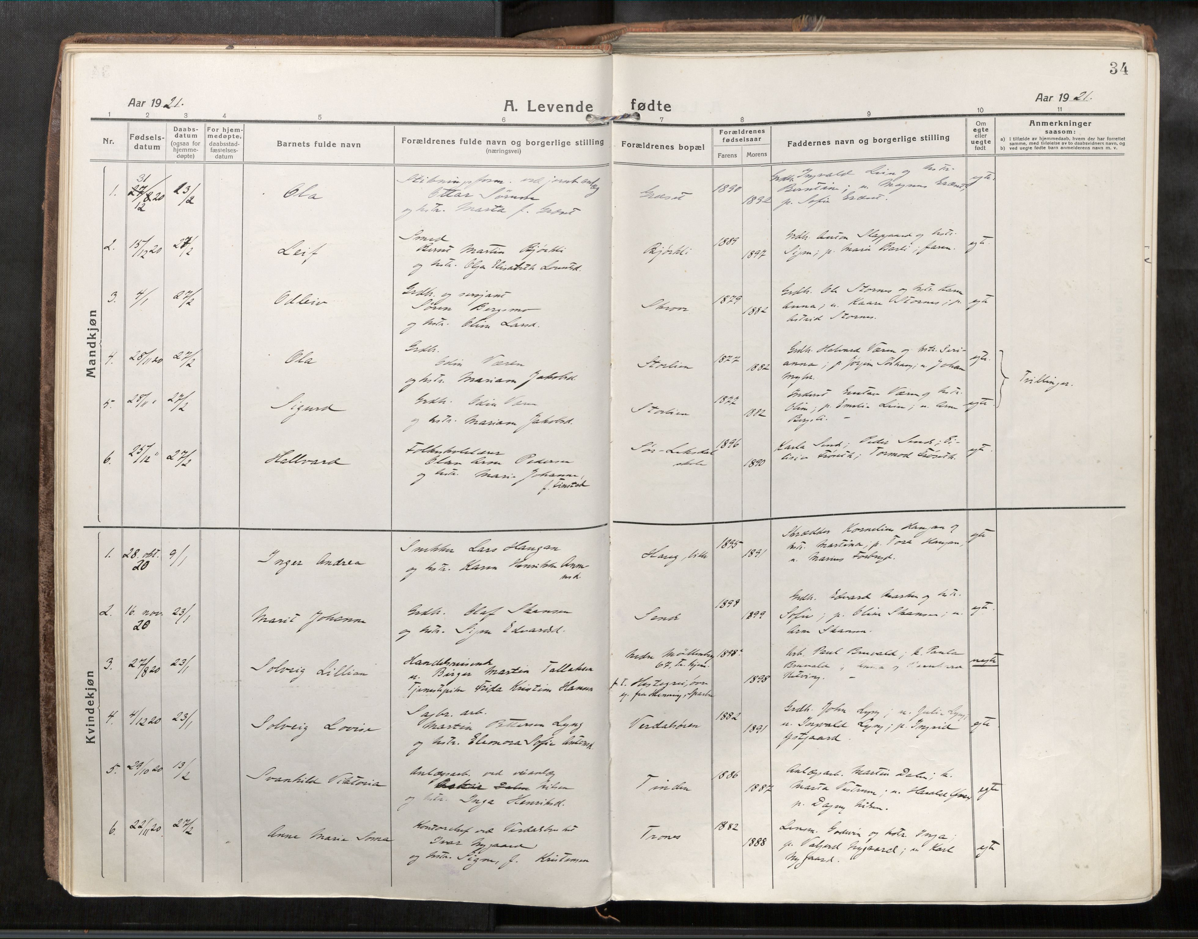 Verdal sokneprestkontor, AV/SAT-A-1156/2/H/Haa/L0001: Parish register (official) no. 1, 1917-1932, p. 34