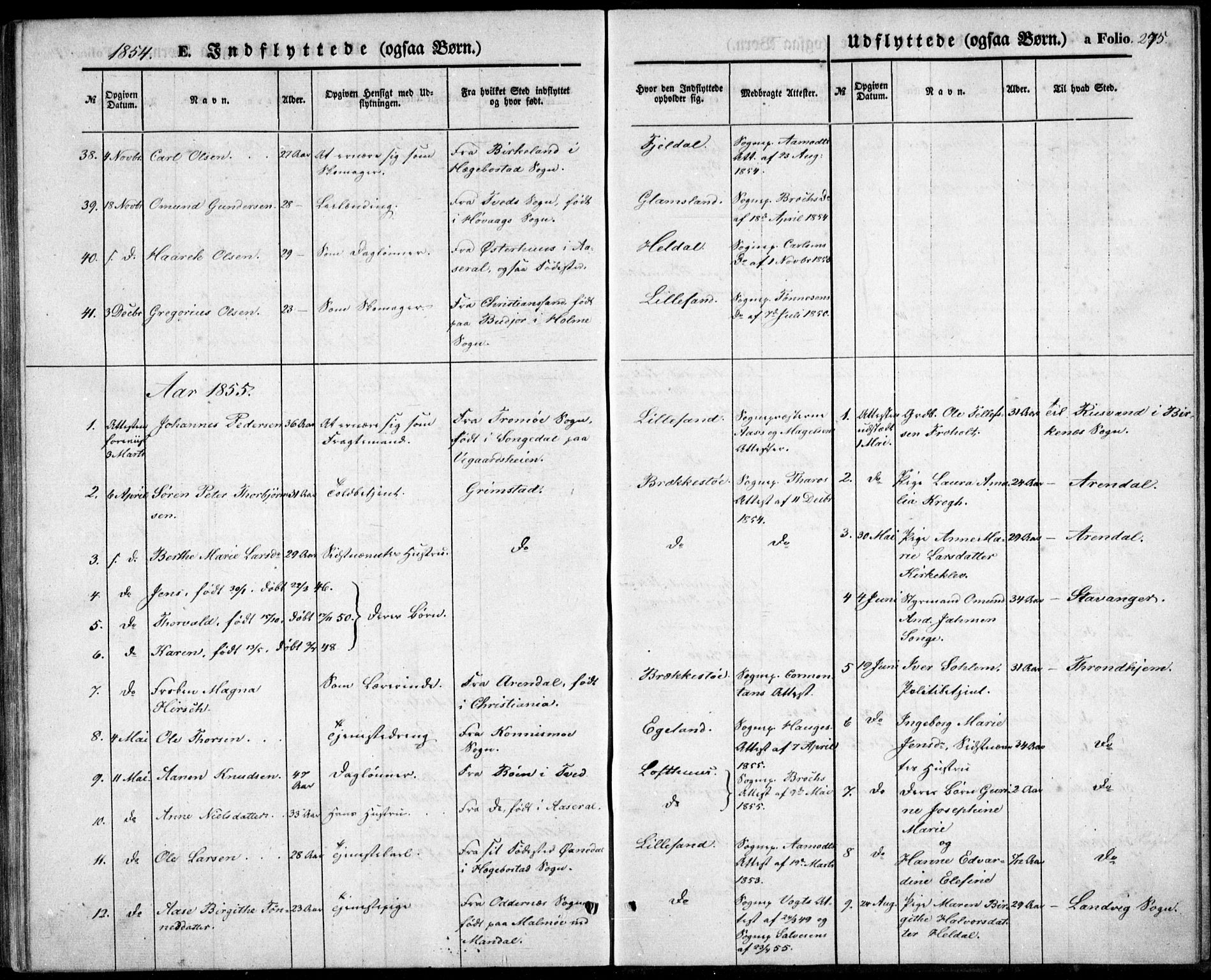 Vestre Moland sokneprestkontor, SAK/1111-0046/F/Fb/Fbb/L0003: Parish register (copy) no. B 3, 1851-1861, p. 275