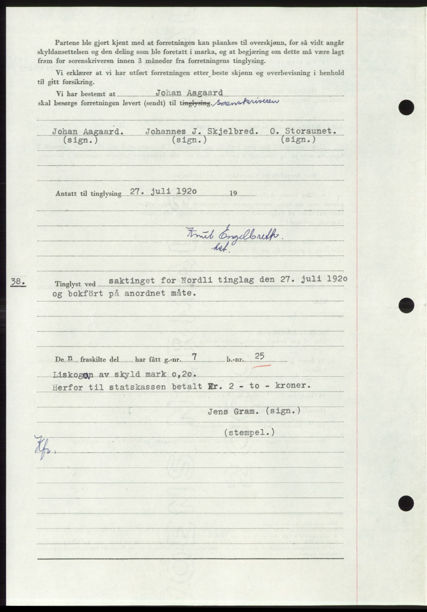 Namdal sorenskriveri, SAT/A-4133/1/2/2C: Mortgage book no. -, 1916-1921, Deed date: 27.07.1920