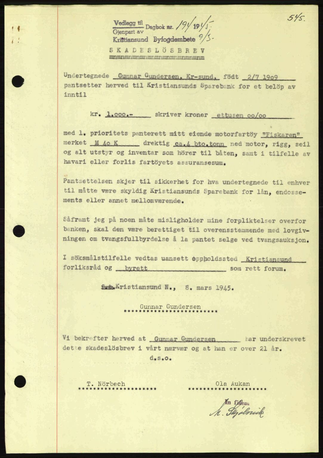 Kristiansund byfogd, SAT/A-4587/A/27: Mortgage book no. 37-38, 1943-1945, Diary no: : 194/1945