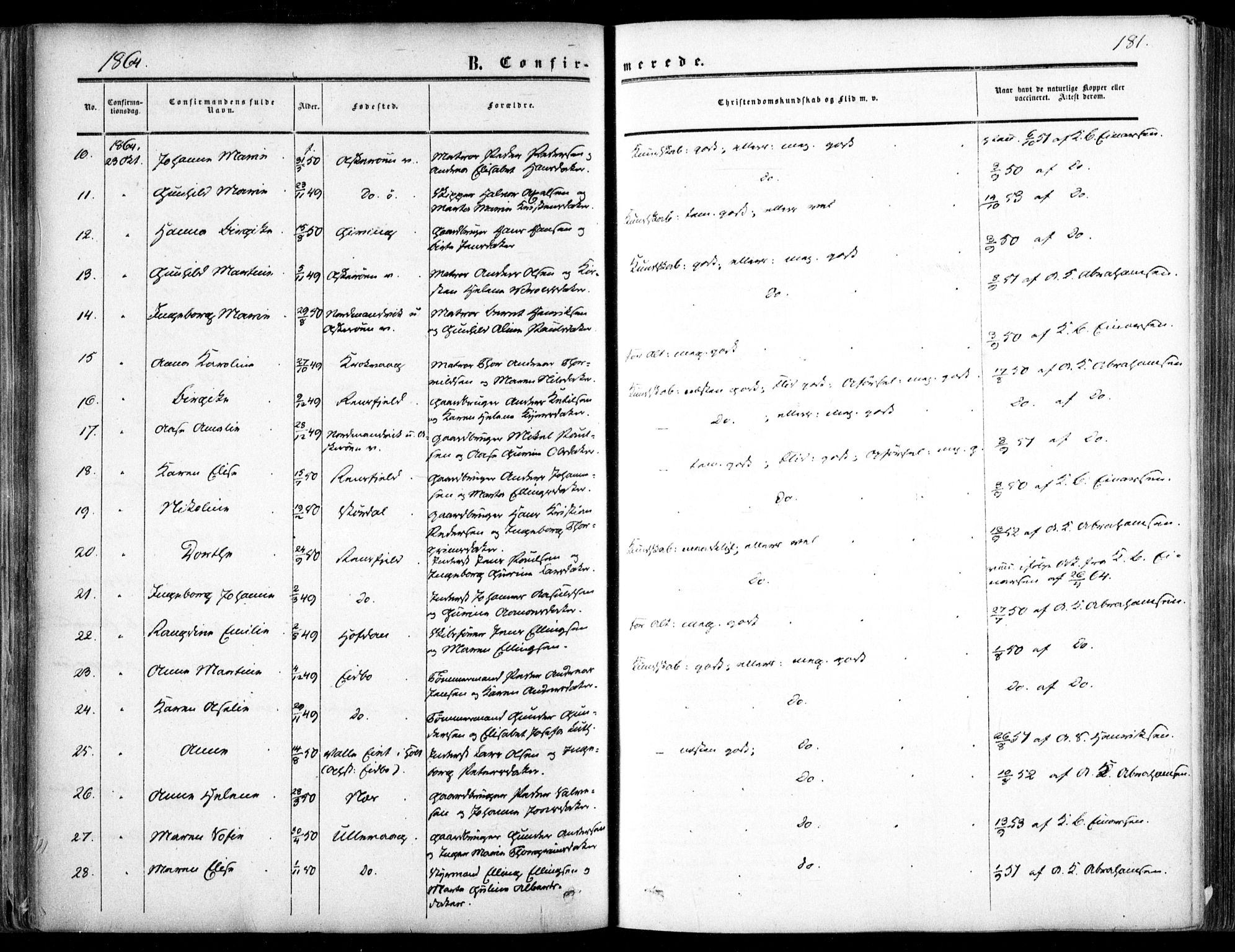 Dypvåg sokneprestkontor, AV/SAK-1111-0007/F/Fa/Faa/L0006: Parish register (official) no. A 6, 1855-1872, p. 181