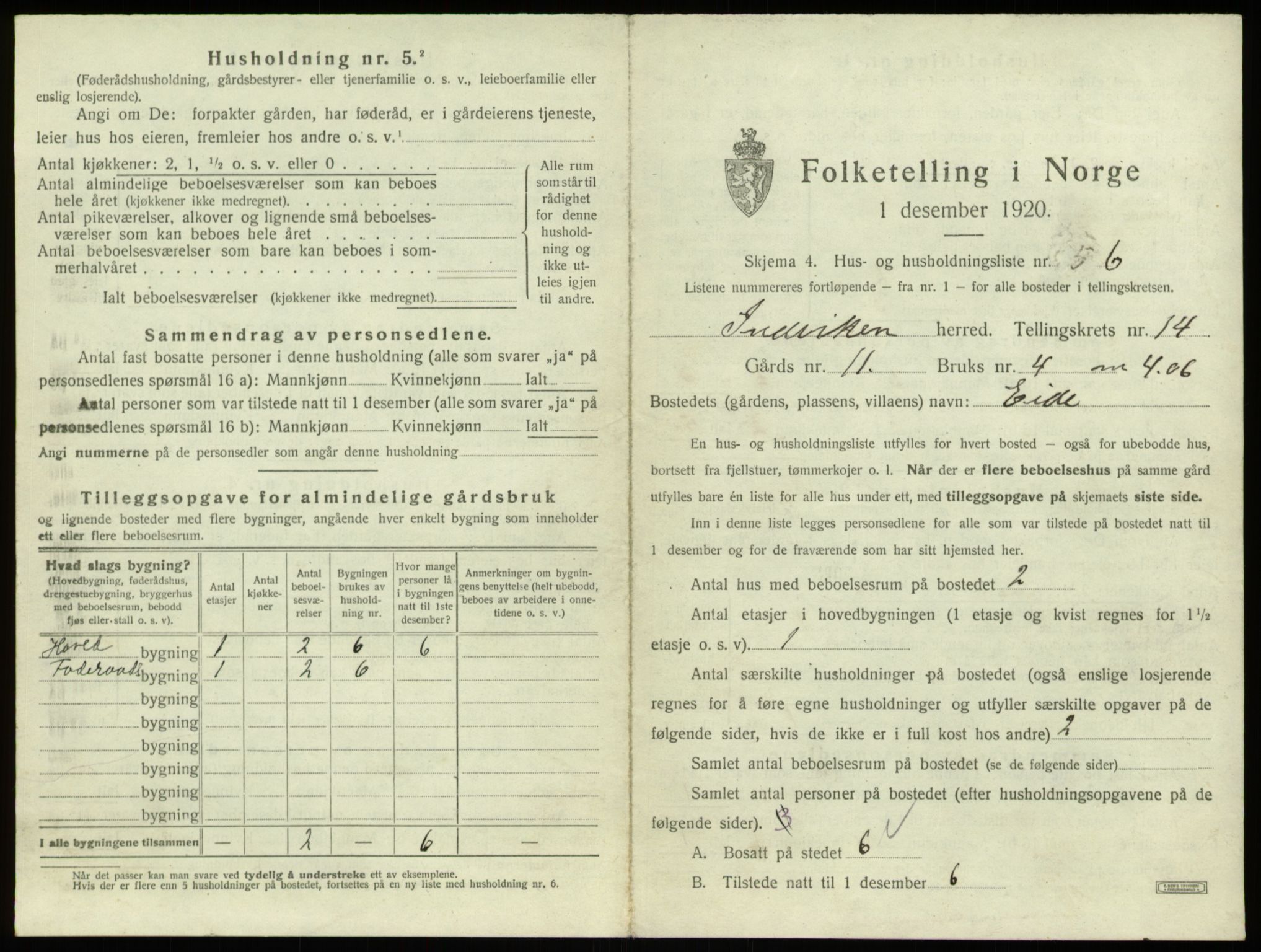 SAB, 1920 census for Innvik, 1920, p. 872