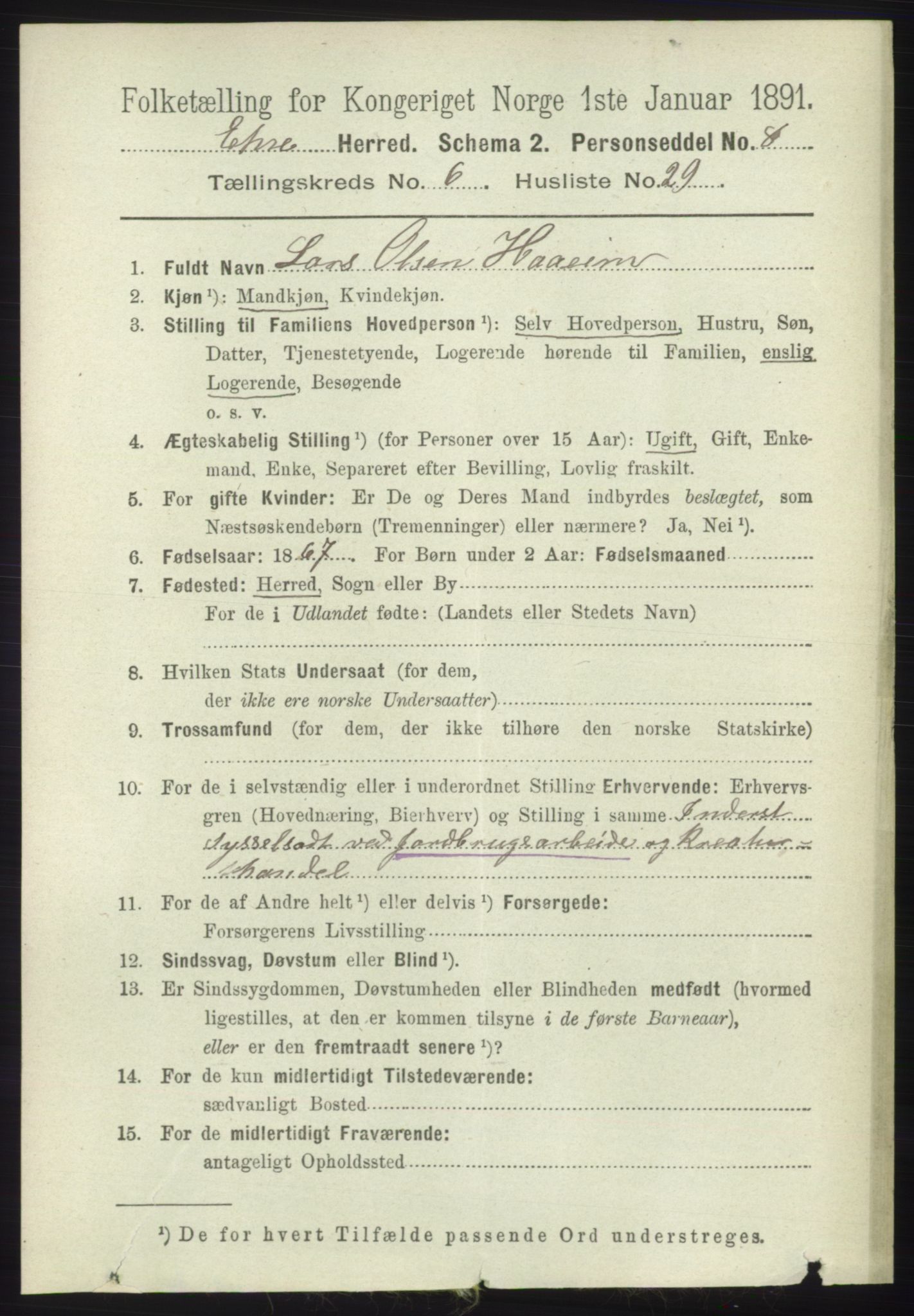 RA, 1891 census for 1211 Etne, 1891, p. 1358