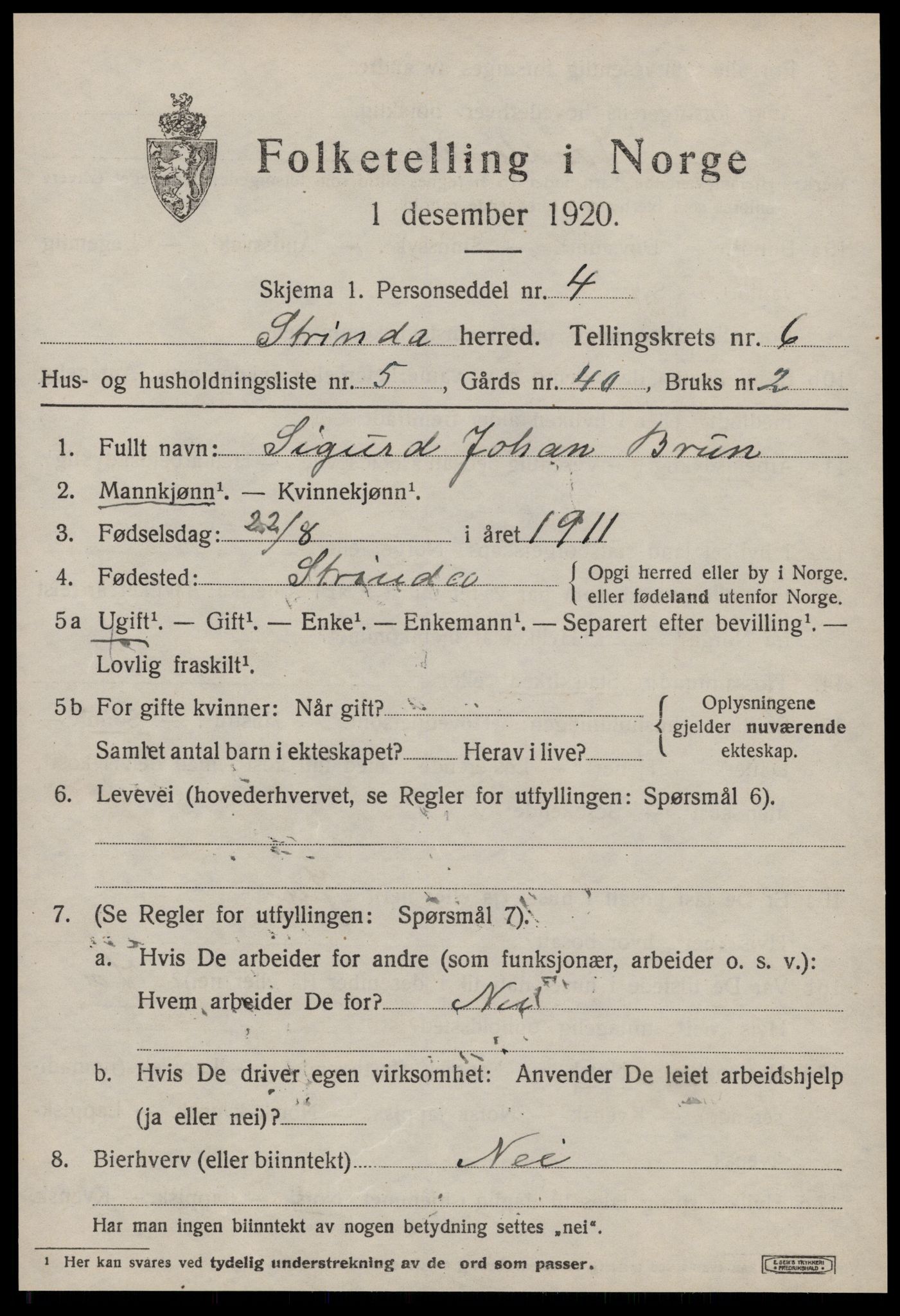 SAT, 1920 census for Strinda, 1920, p. 14480