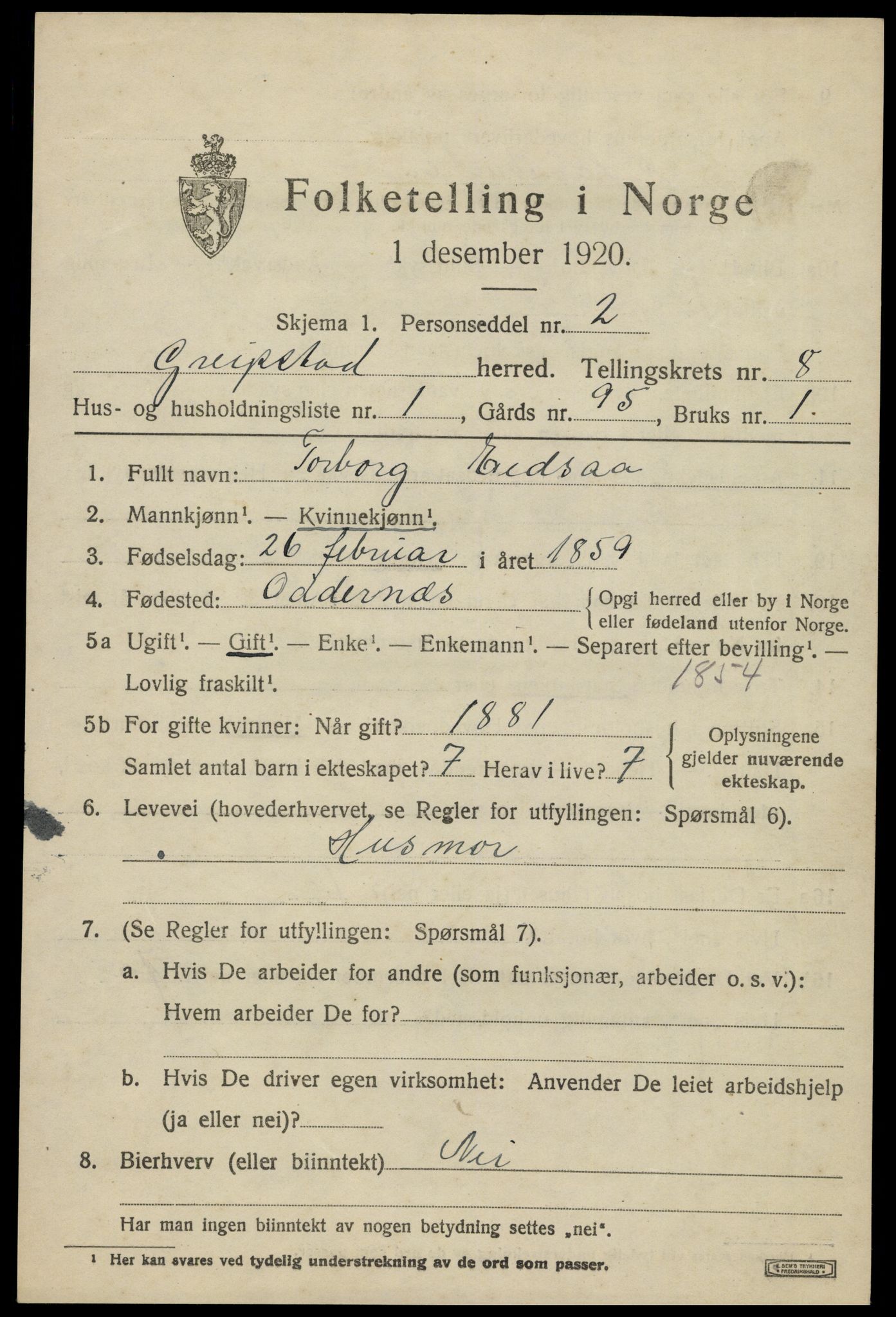 SAK, 1920 census for Greipstad, 1920, p. 2206