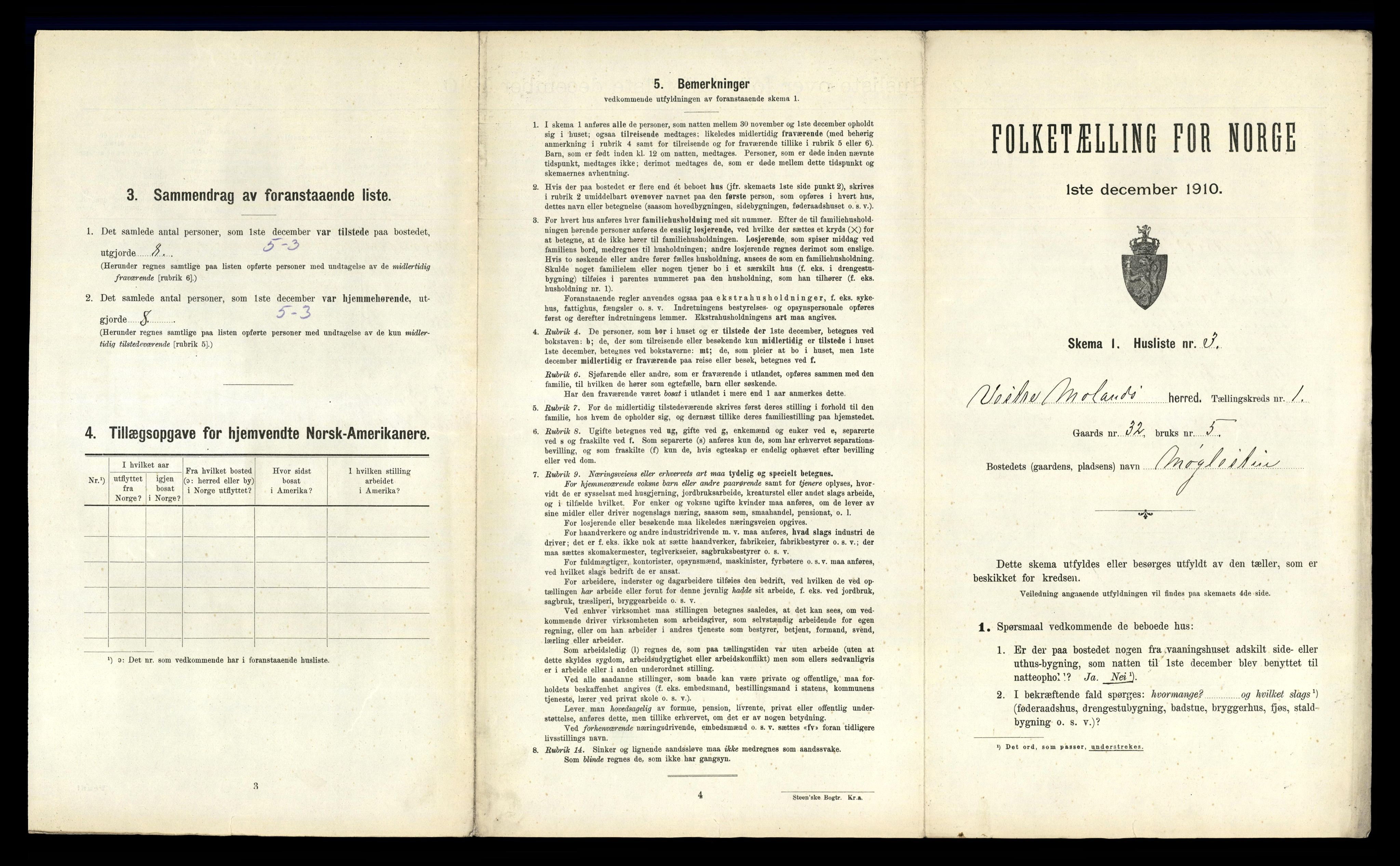 RA, 1910 census for Vestre Moland, 1910, p. 46