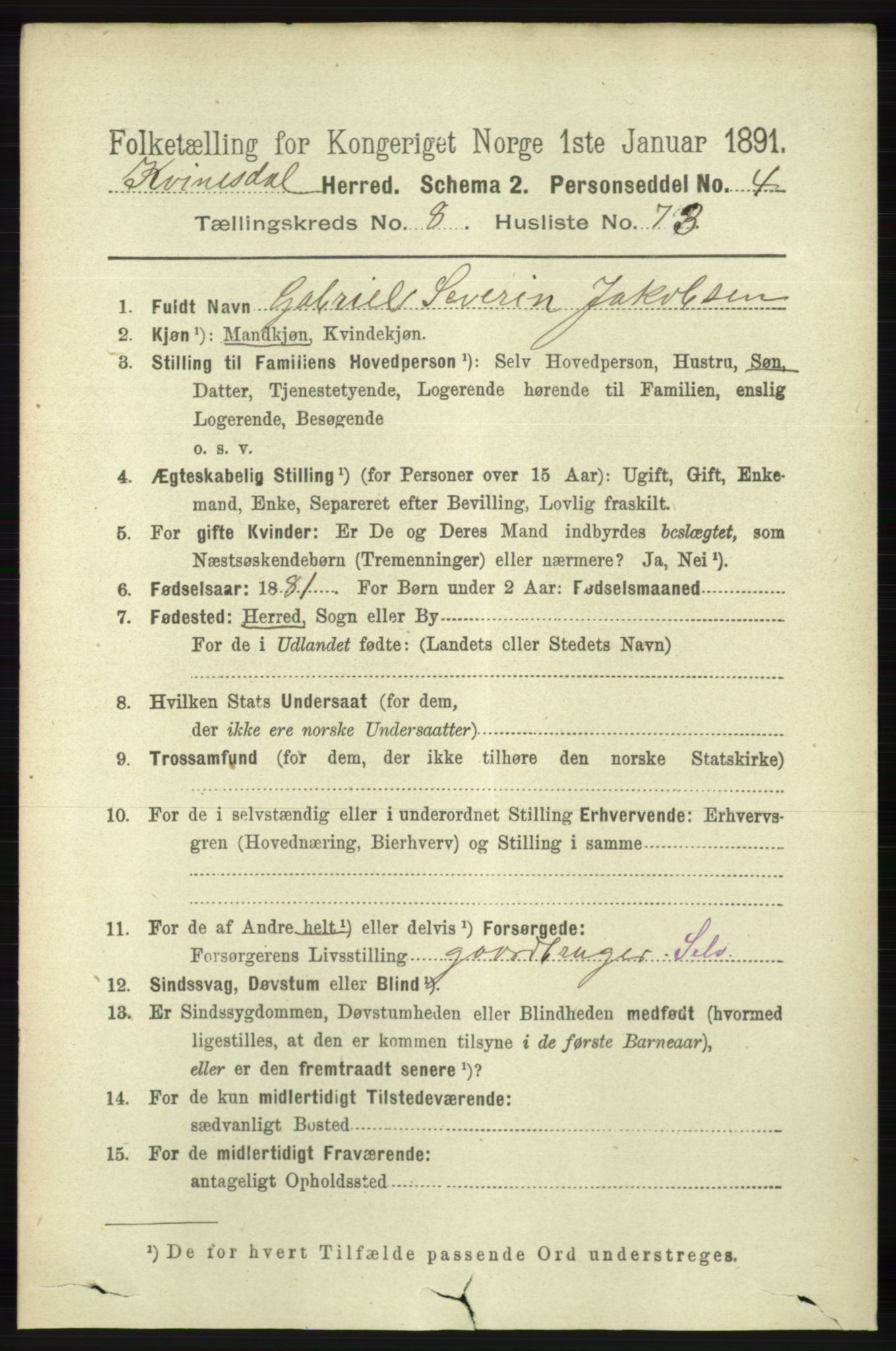 RA, 1891 census for 1037 Kvinesdal, 1891, p. 3203