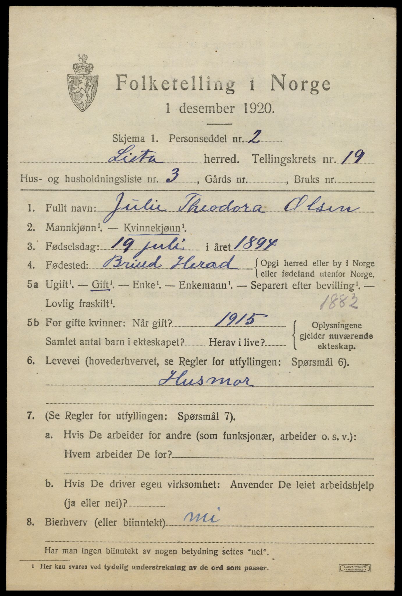 SAK, 1920 census for Lista, 1920, p. 14057