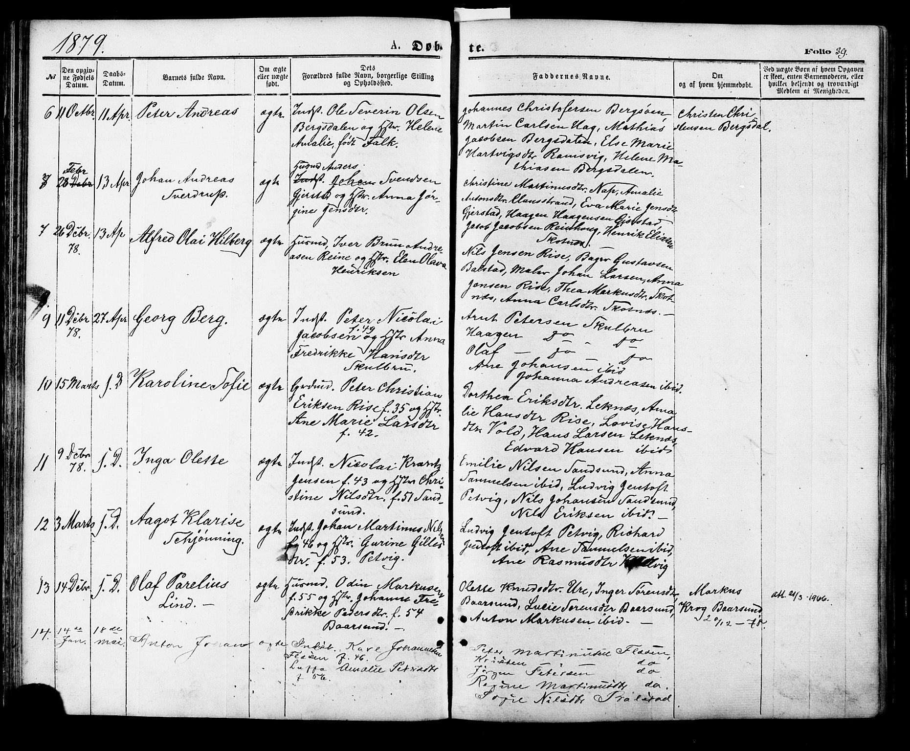 Ministerialprotokoller, klokkerbøker og fødselsregistre - Nordland, AV/SAT-A-1459/881/L1166: Parish register (copy) no. 881C03, 1876-1885, p. 39