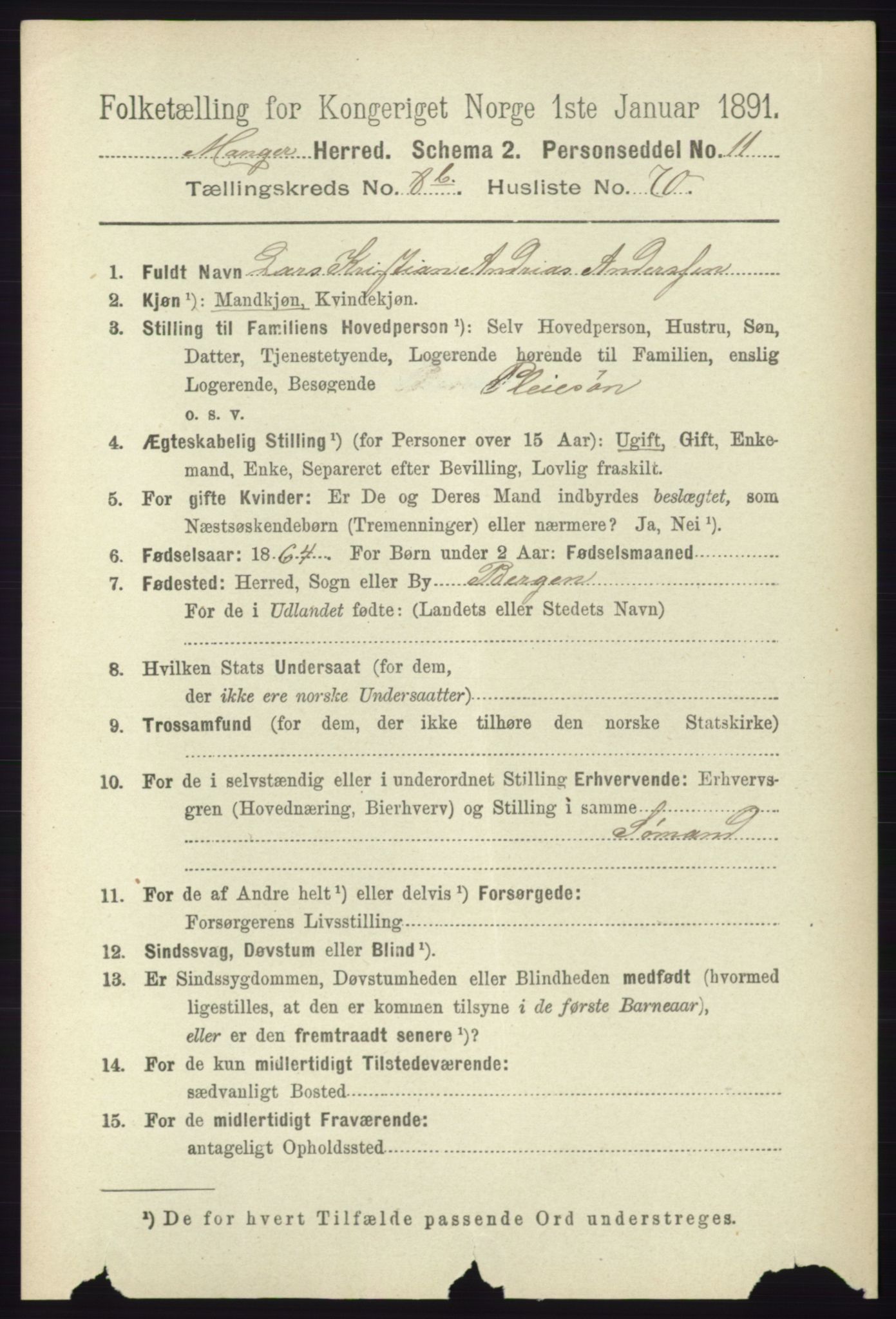 RA, 1891 census for 1261 Manger, 1891, p. 5599