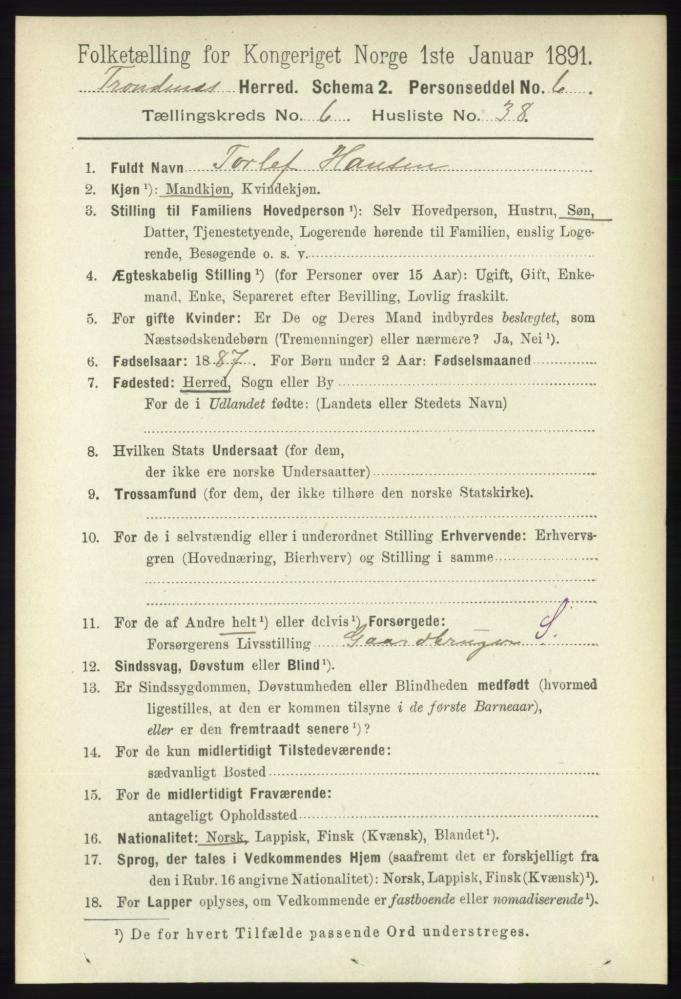 RA, 1891 census for 1914 Trondenes, 1891, p. 4058