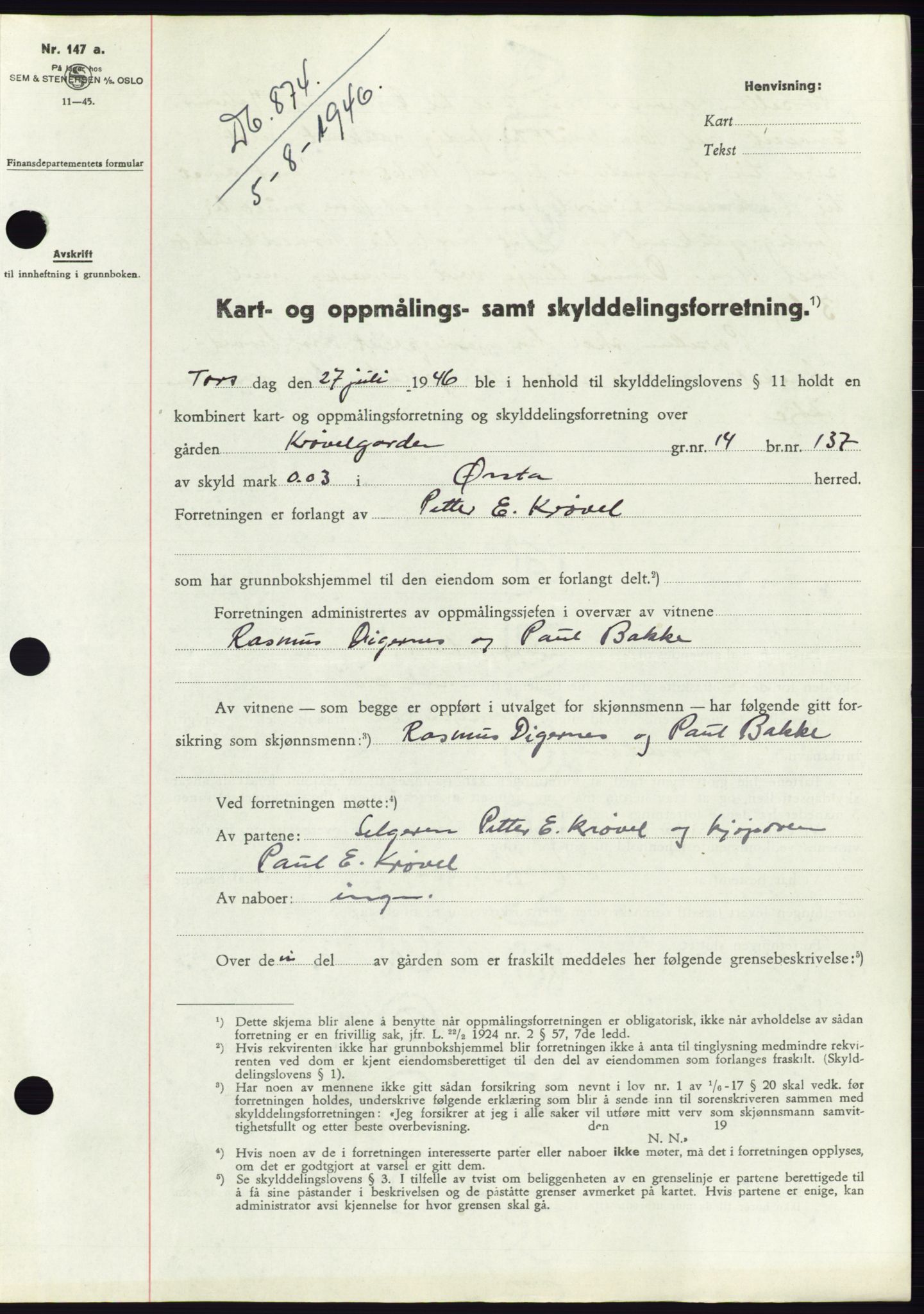 Søre Sunnmøre sorenskriveri, AV/SAT-A-4122/1/2/2C/L0078: Mortgage book no. 4A, 1946-1946, Diary no: : 874/1946