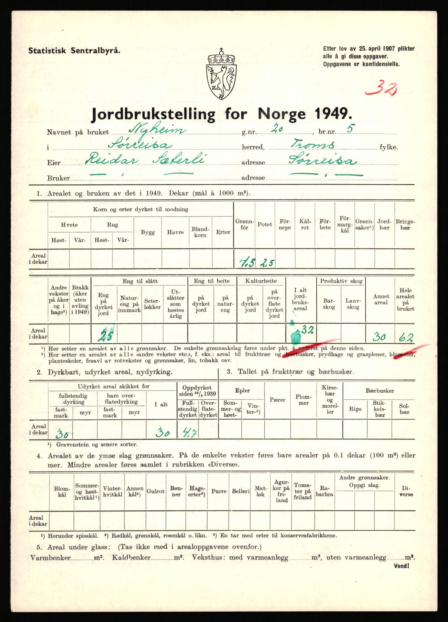 Statistisk sentralbyrå, Næringsøkonomiske emner, Jordbruk, skogbruk, jakt, fiske og fangst, AV/RA-S-2234/G/Gc/L0440: Troms: Sørreisa og Dyrøy, 1949, p. 296