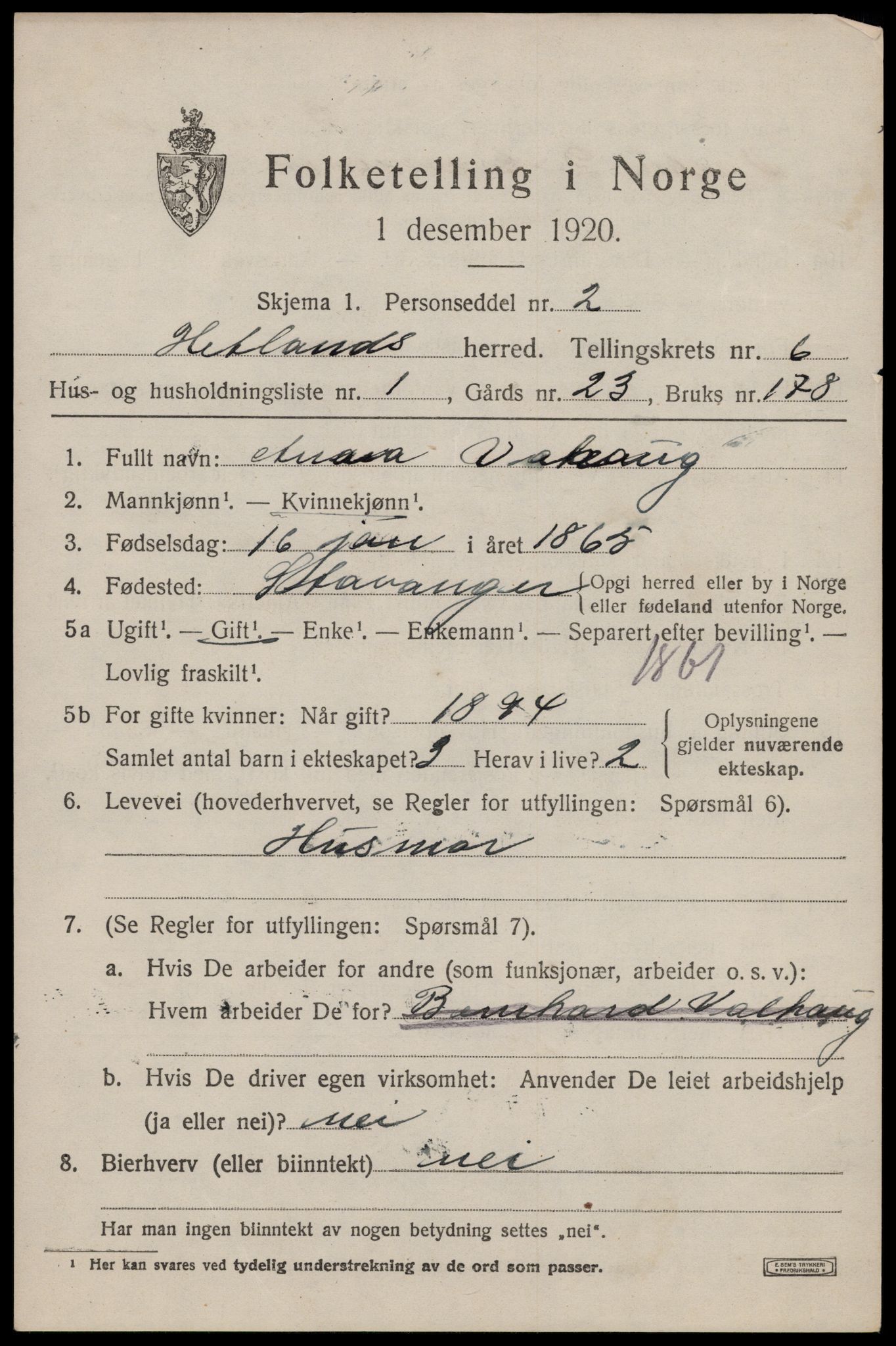 SAST, 1920 census for Hetland, 1920, p. 9459