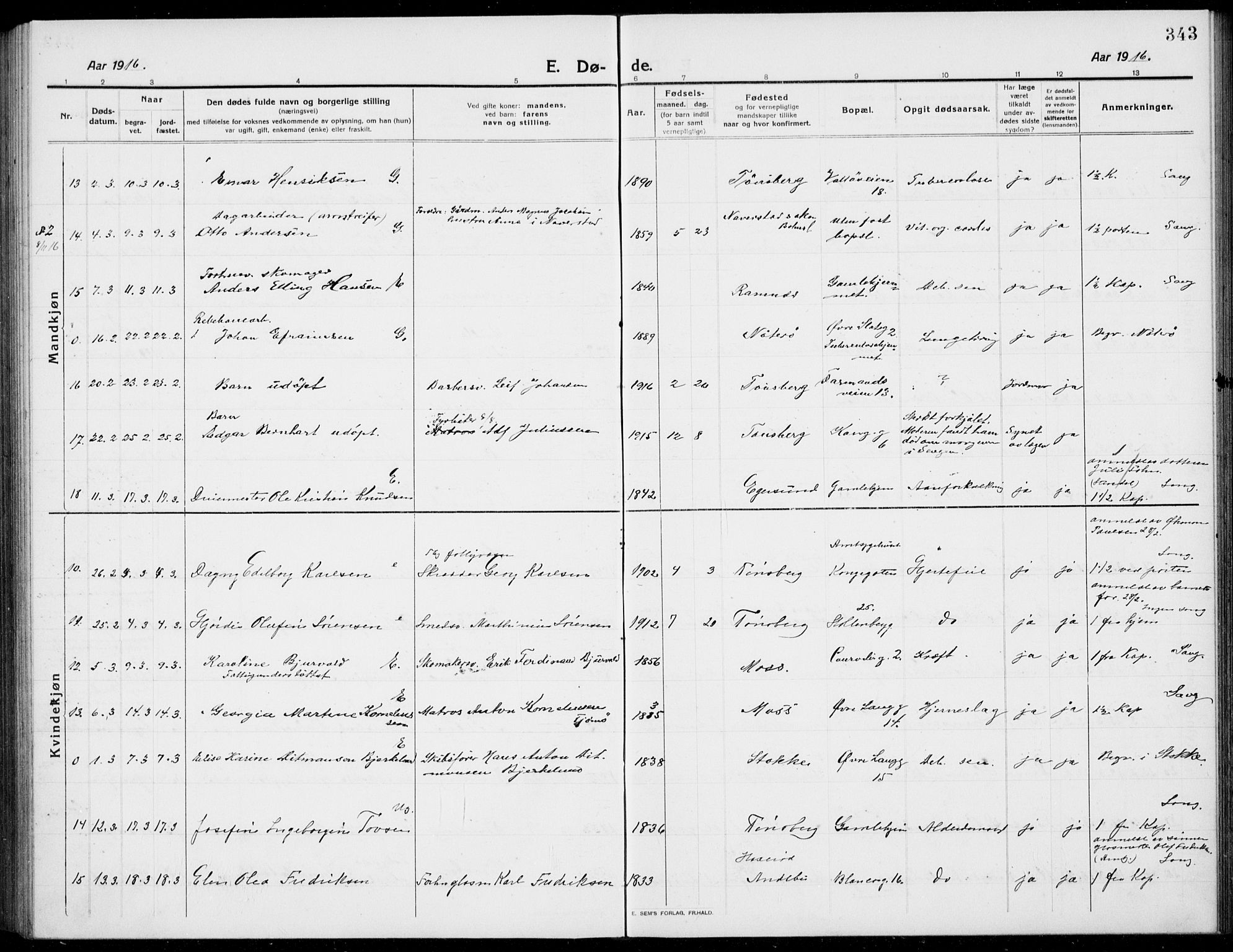 Tønsberg kirkebøker, AV/SAKO-A-330/G/Ga/L0009: Parish register (copy) no. 9, 1913-1920, p. 343