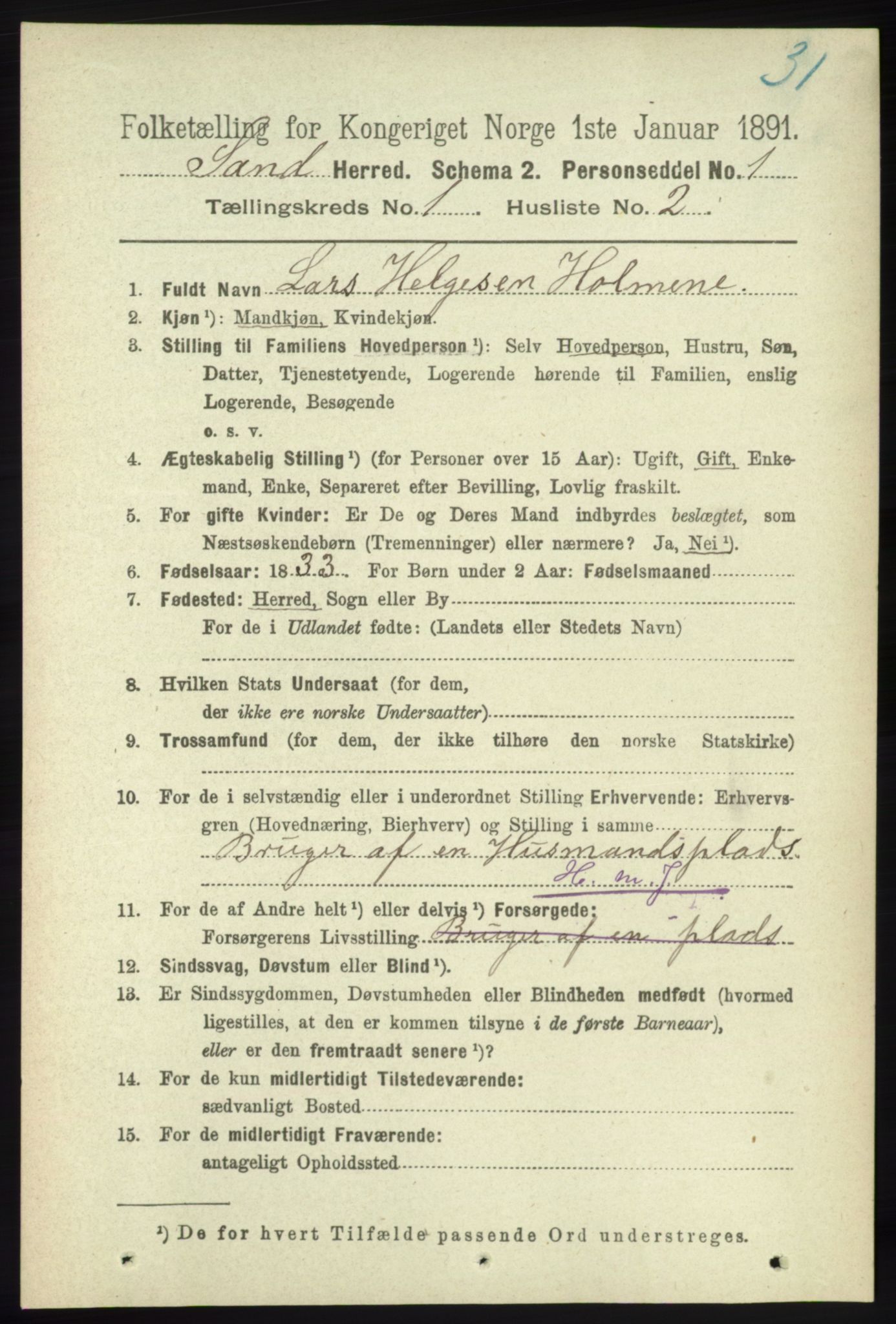 RA, 1891 census for 1136 Sand, 1891, p. 63