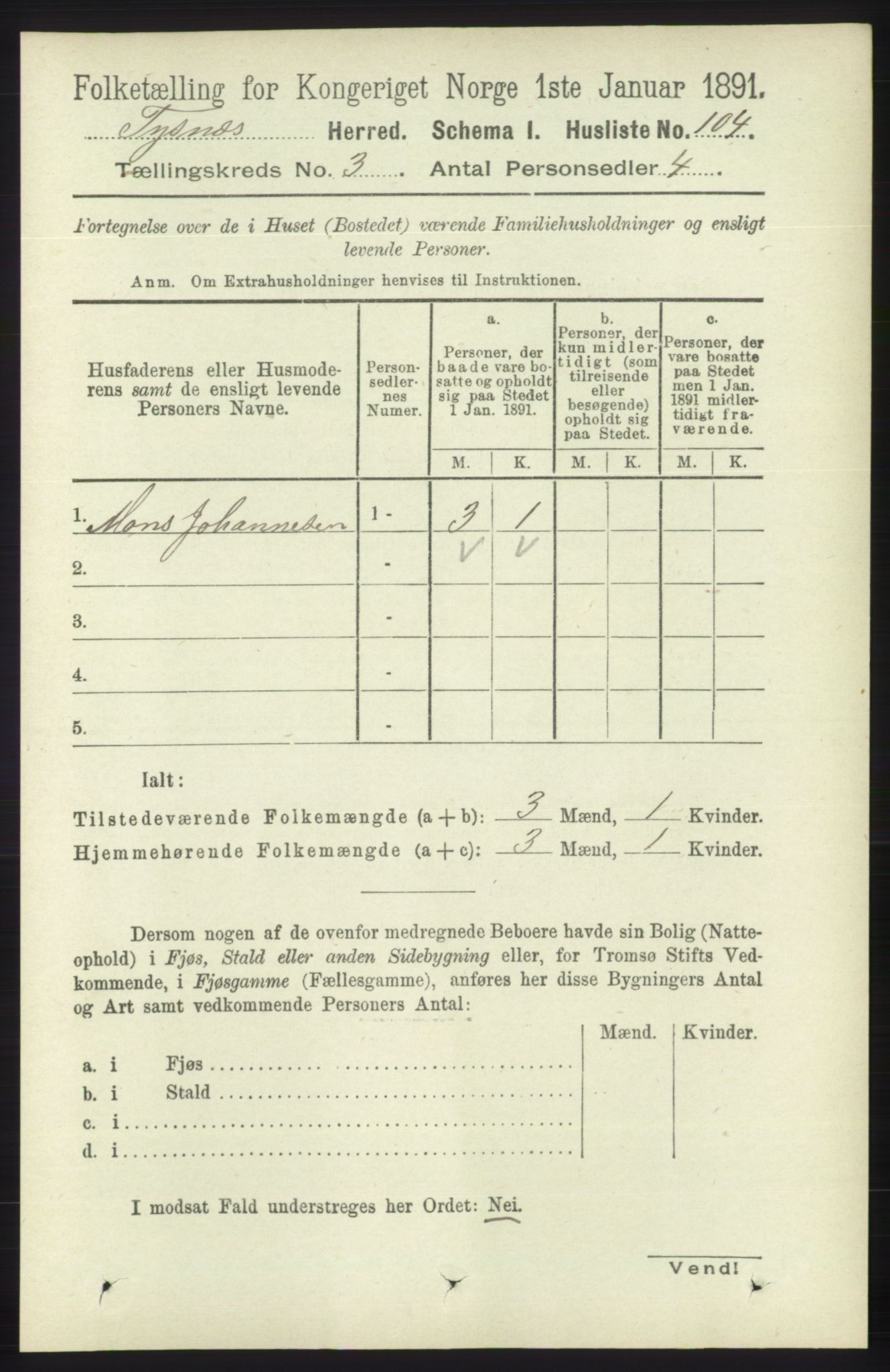 RA, 1891 census for 1223 Tysnes, 1891, p. 830